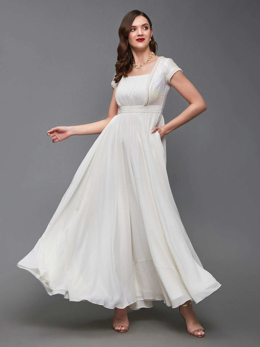 Women's Off White Square Neck Frilled Self Designed Panelled Georgette Maxi Dress