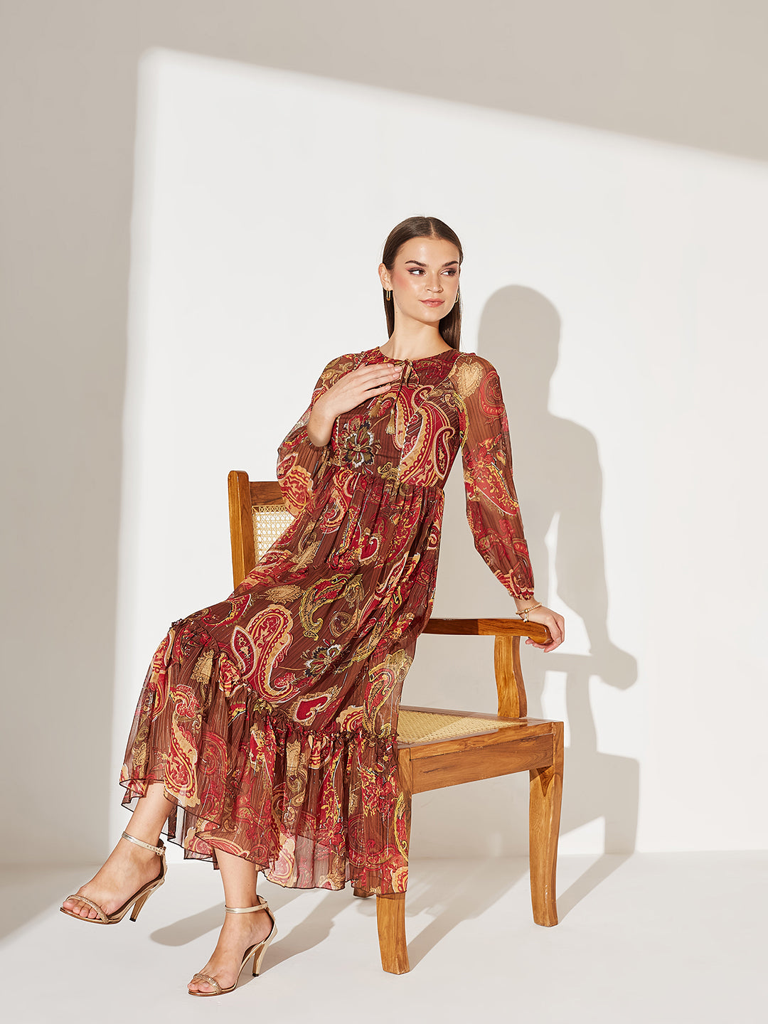 Women's Multicolored-Base-Brown Relaxed Fit Maxi Lurex Chiffon Dress