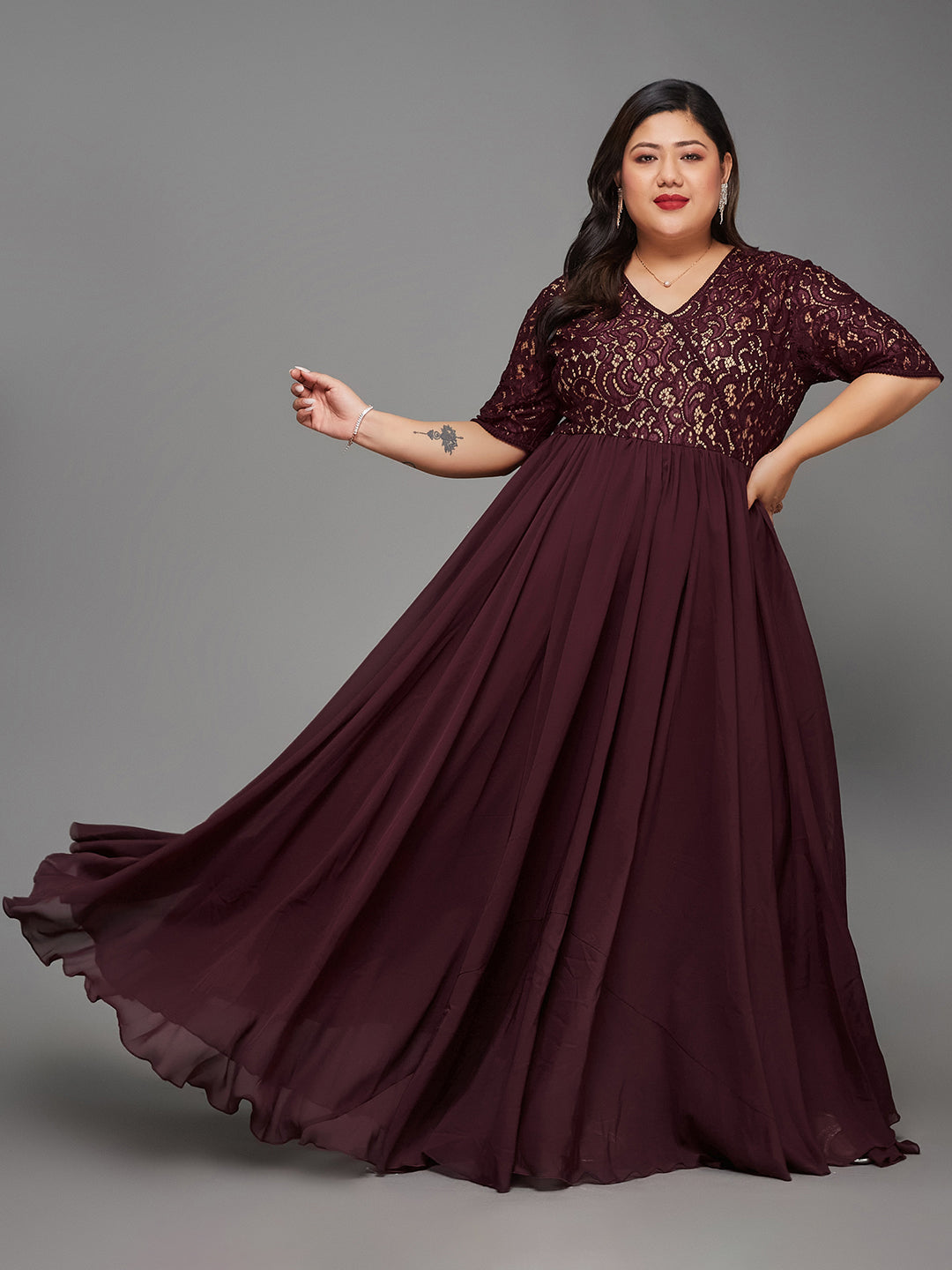 Body Bliss Wine Half Sleeve Self Designed Wrap Georgette Maxi Dress