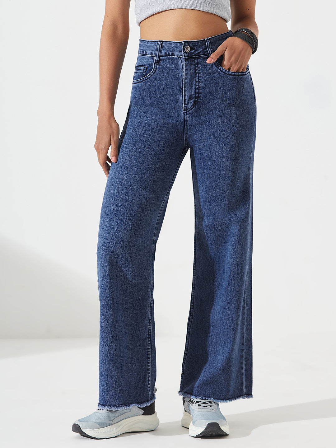 Navy Blue Wide-Leg High-Rise Stretchable Denim Jeans For Women