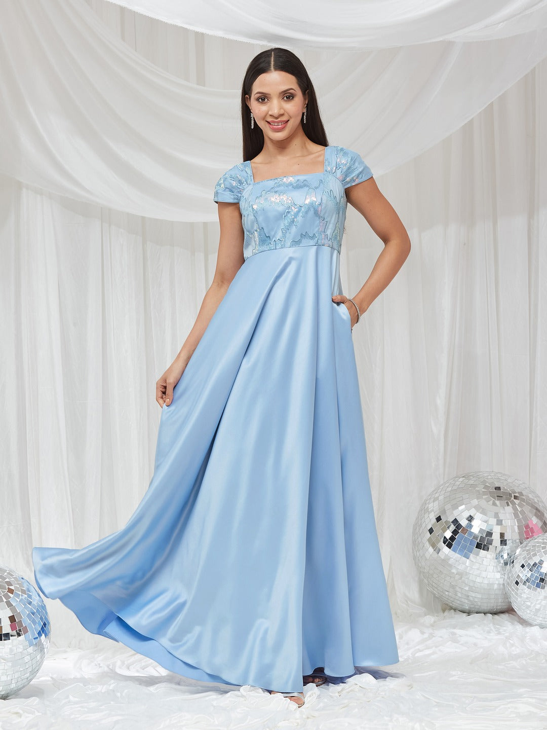 Light Blue Sequinned Cap-Sleeved Satin Maxi Dress for Women