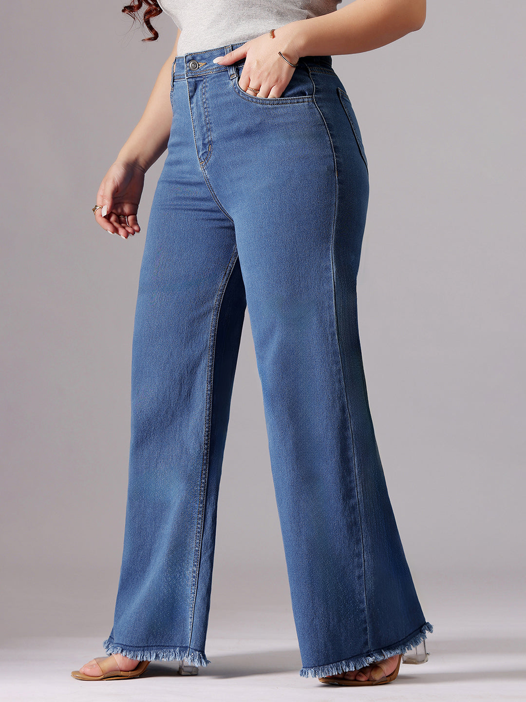 Women's Mid Blue Wide-Leg High-Rise Clean-Look Regular-Length Stretchable Denim Jeans