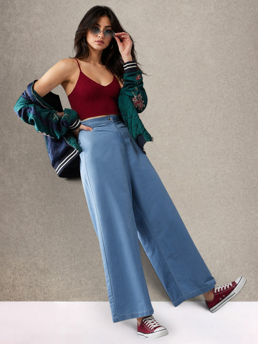 Blue Flared Wide-Leg High Rise Non Stretchable Denim Pants for Women