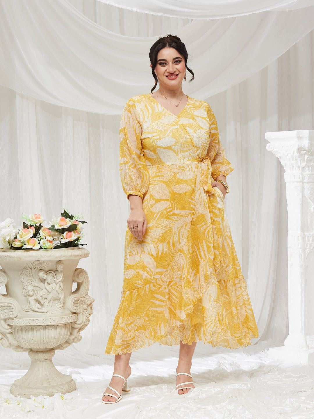 Yellow and White V neck Full sleeve Floral Layered Maxi Dress for Women