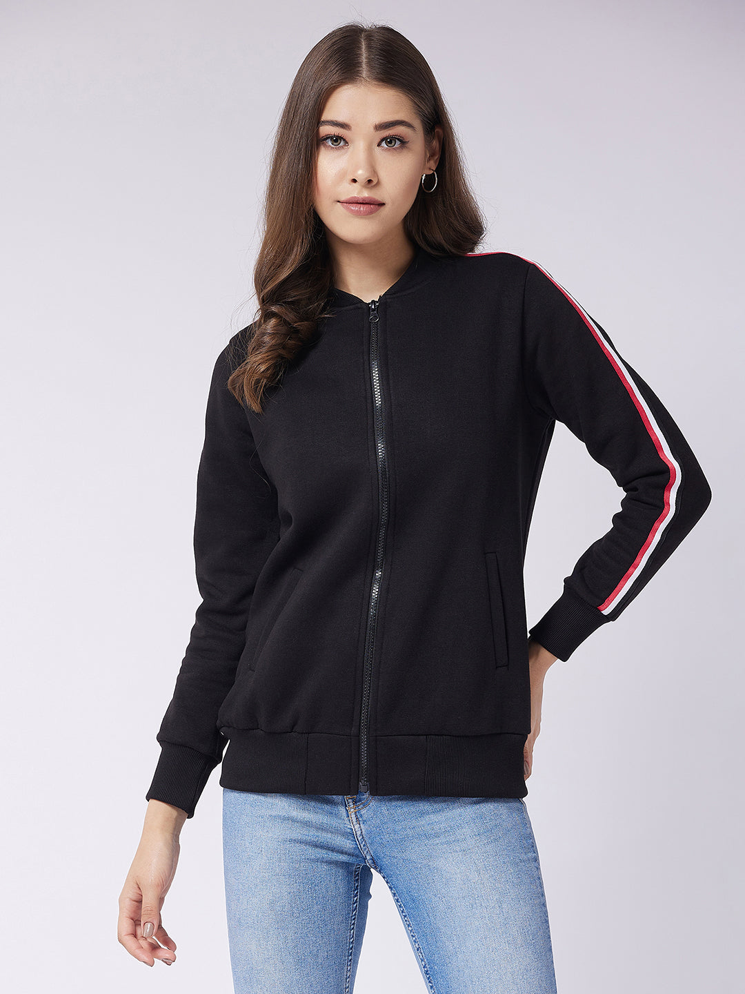 Black V-Neck Full Sleeve Solid Bomber RegularJacket for Women