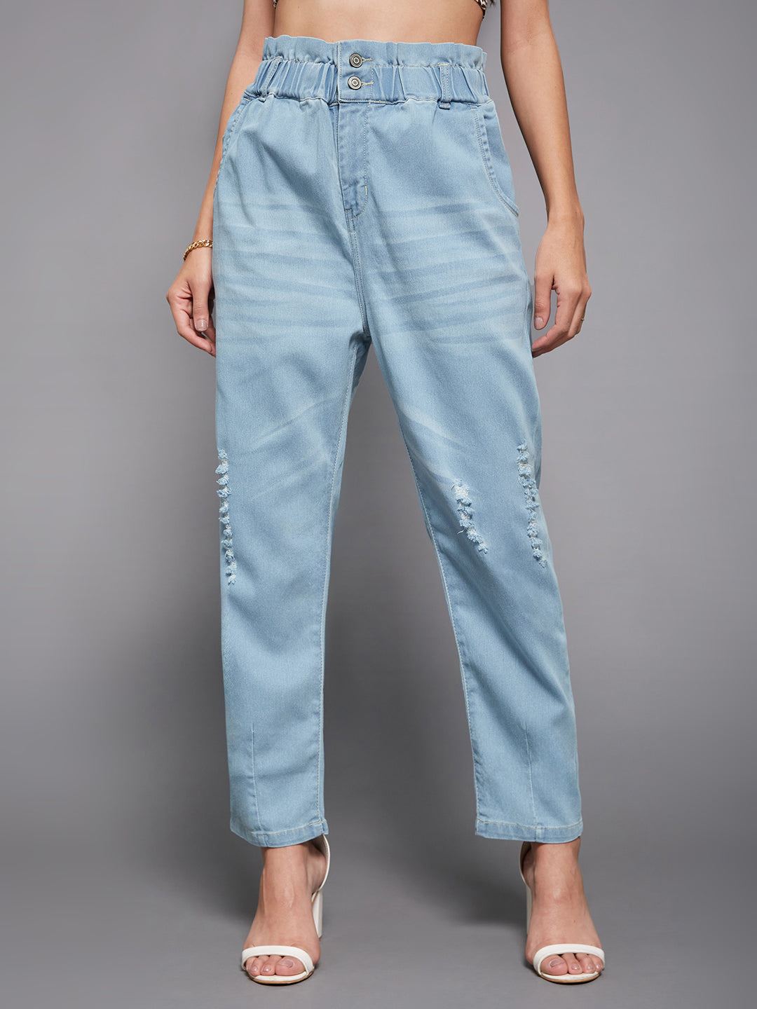 Women's Light Blue Mom's Jean High-Rise Mild Distress Stretchable Denim Jeans