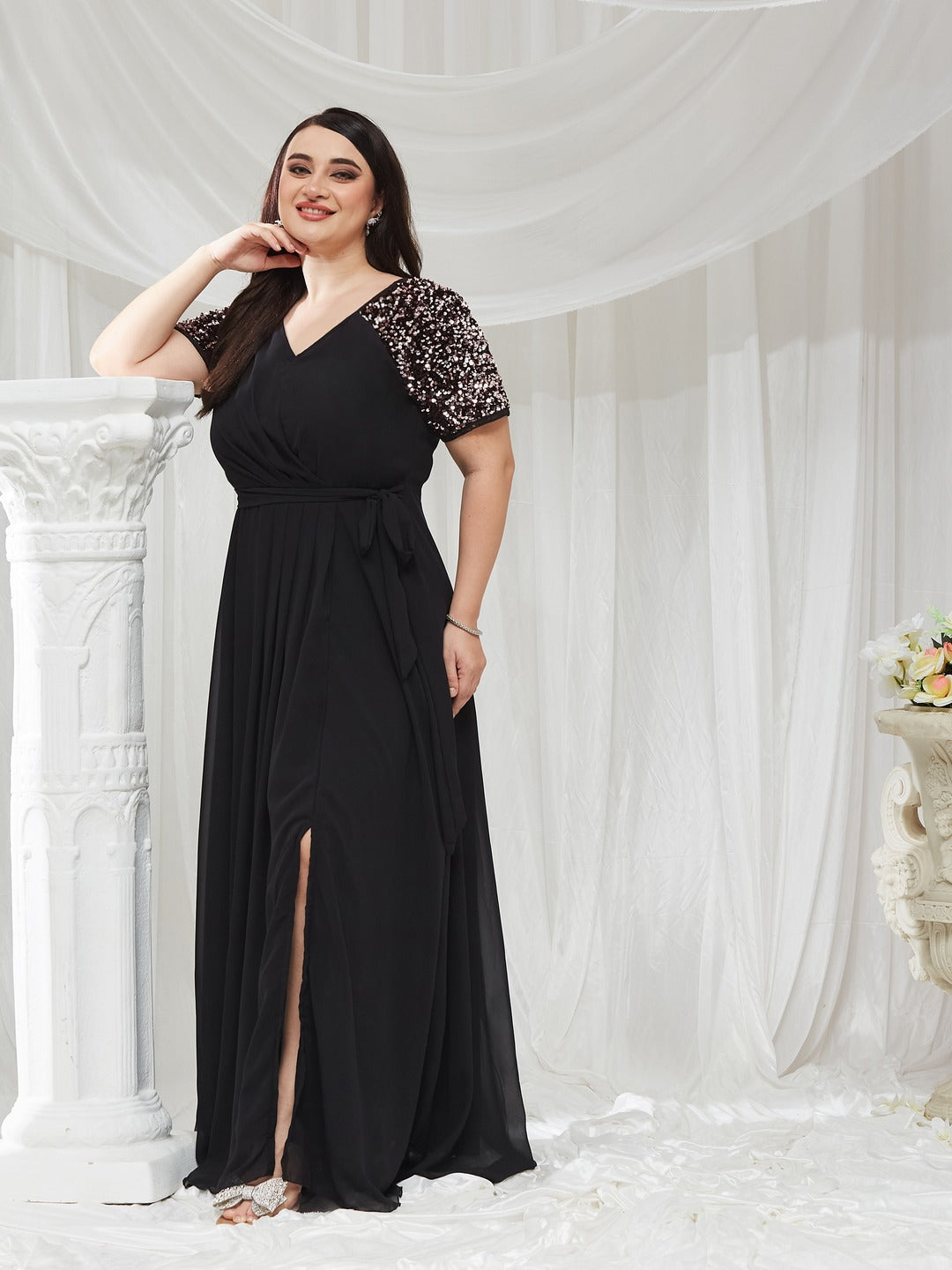 Womens Black V-Neck Raglan Embellished Wrap and Tie-up Maxi Dress