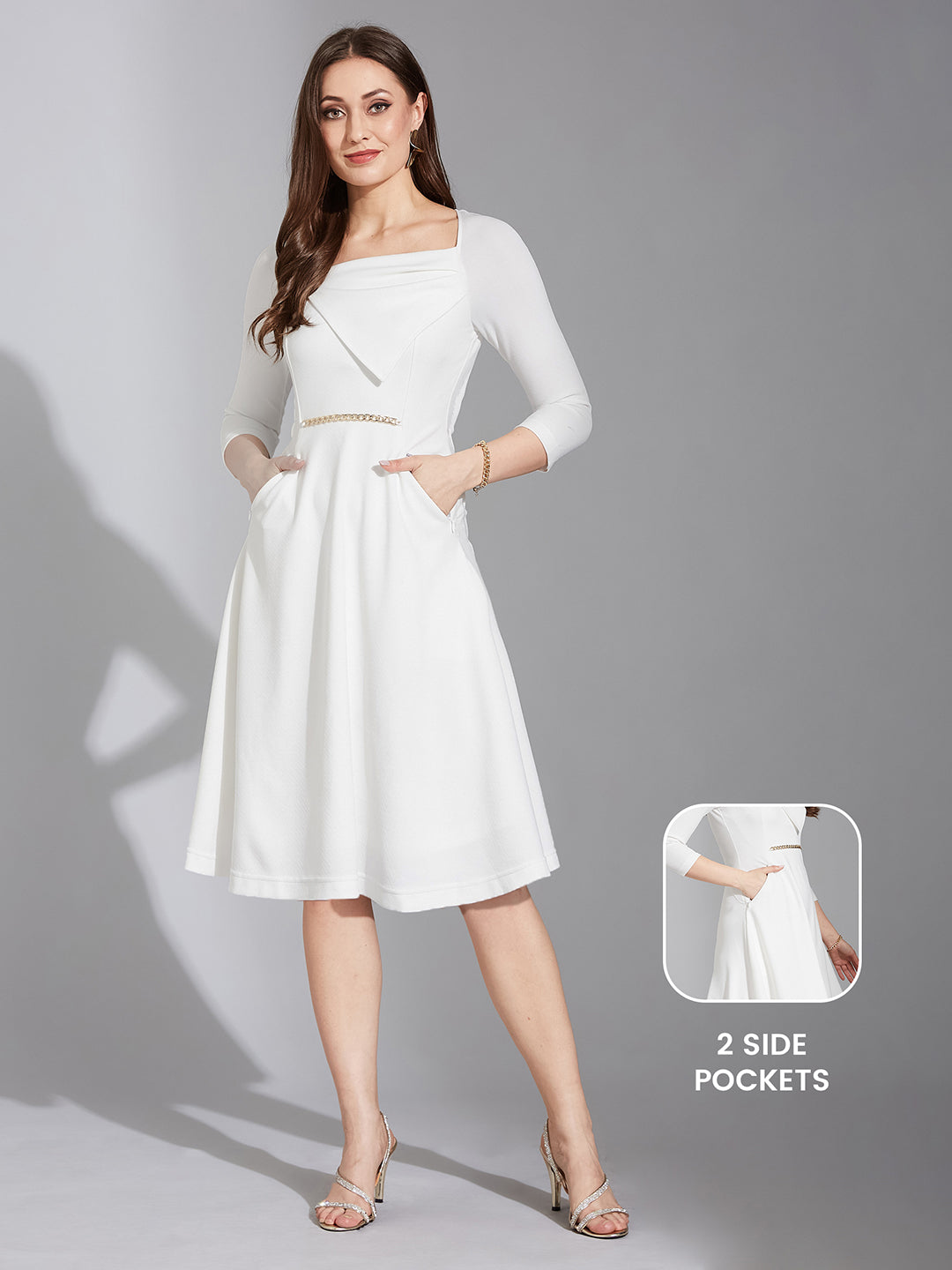 Women's Off White Solid Square Neck Raglan Sleeves Side Pocketed Fit and Flare Knee-Length Dress