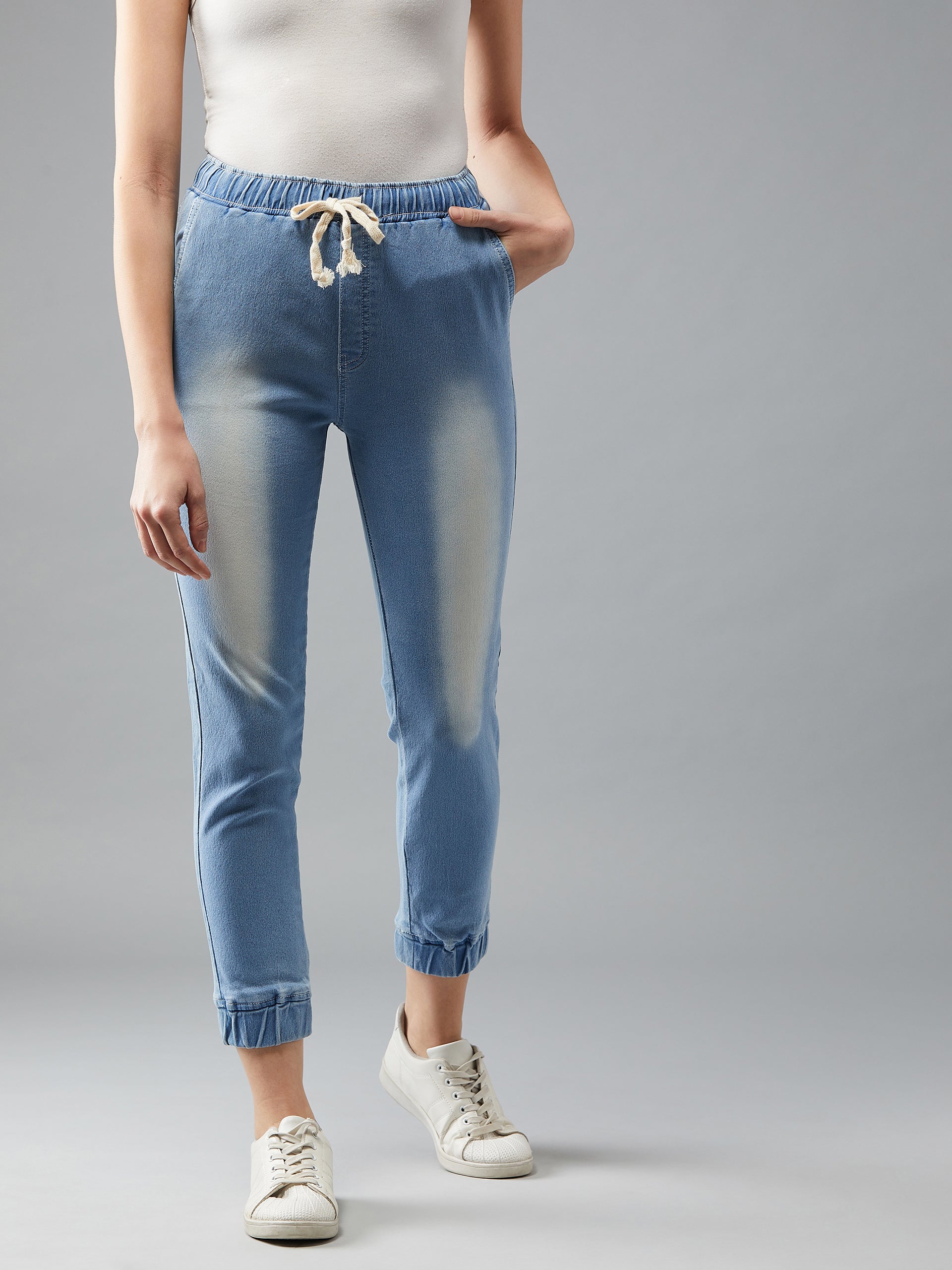 Women's Light Blue Solid Mid Rise Clean-Look Regular Length Ice Wash Stretchable Denim Jogger Pants