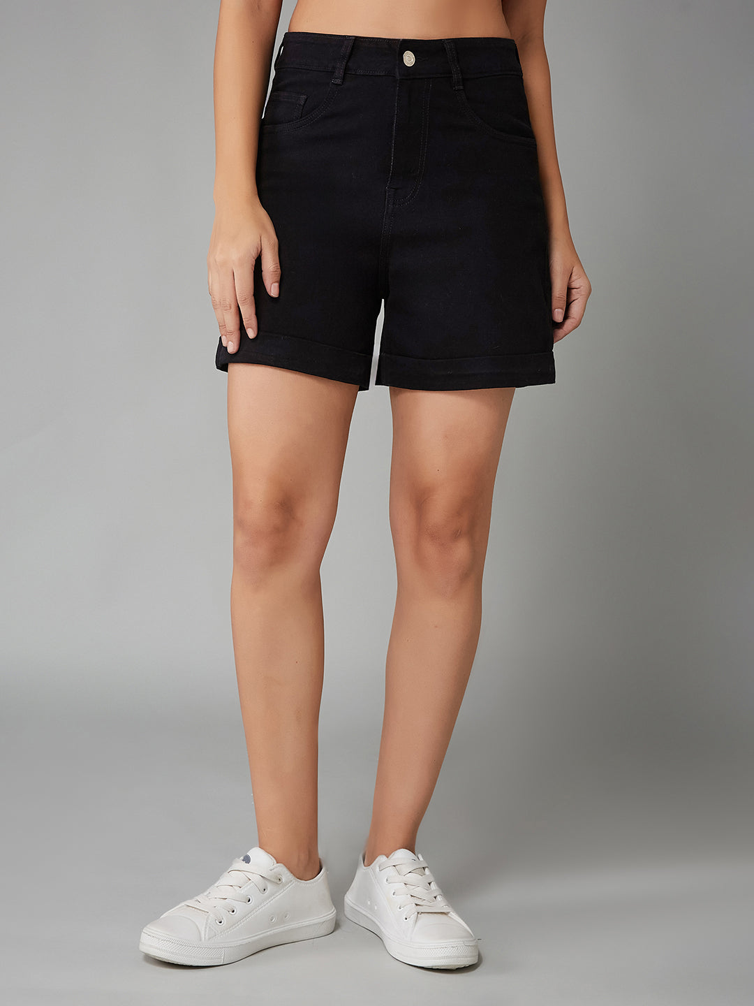 Black Flared High-Rise Clean-Look Regular Stretchable Denim Shorts for Women