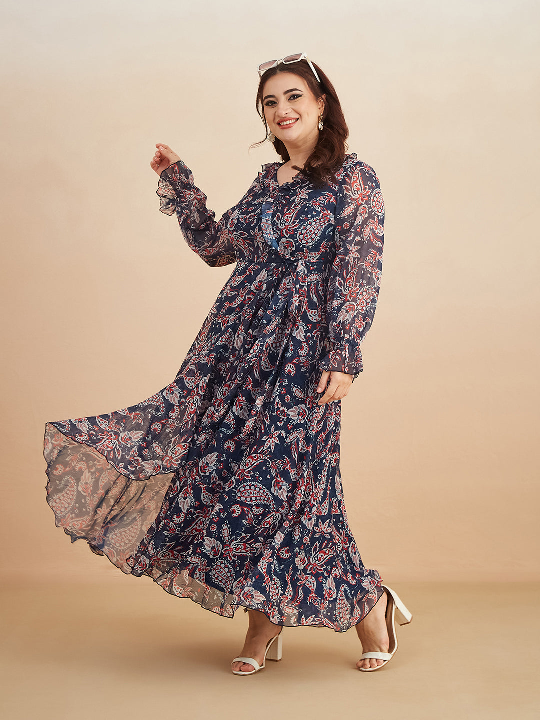 Multicolored-Base-Navy Blue V Neck Full Sleeves Polyester Relaxed Fit Midi Length Dress for Women