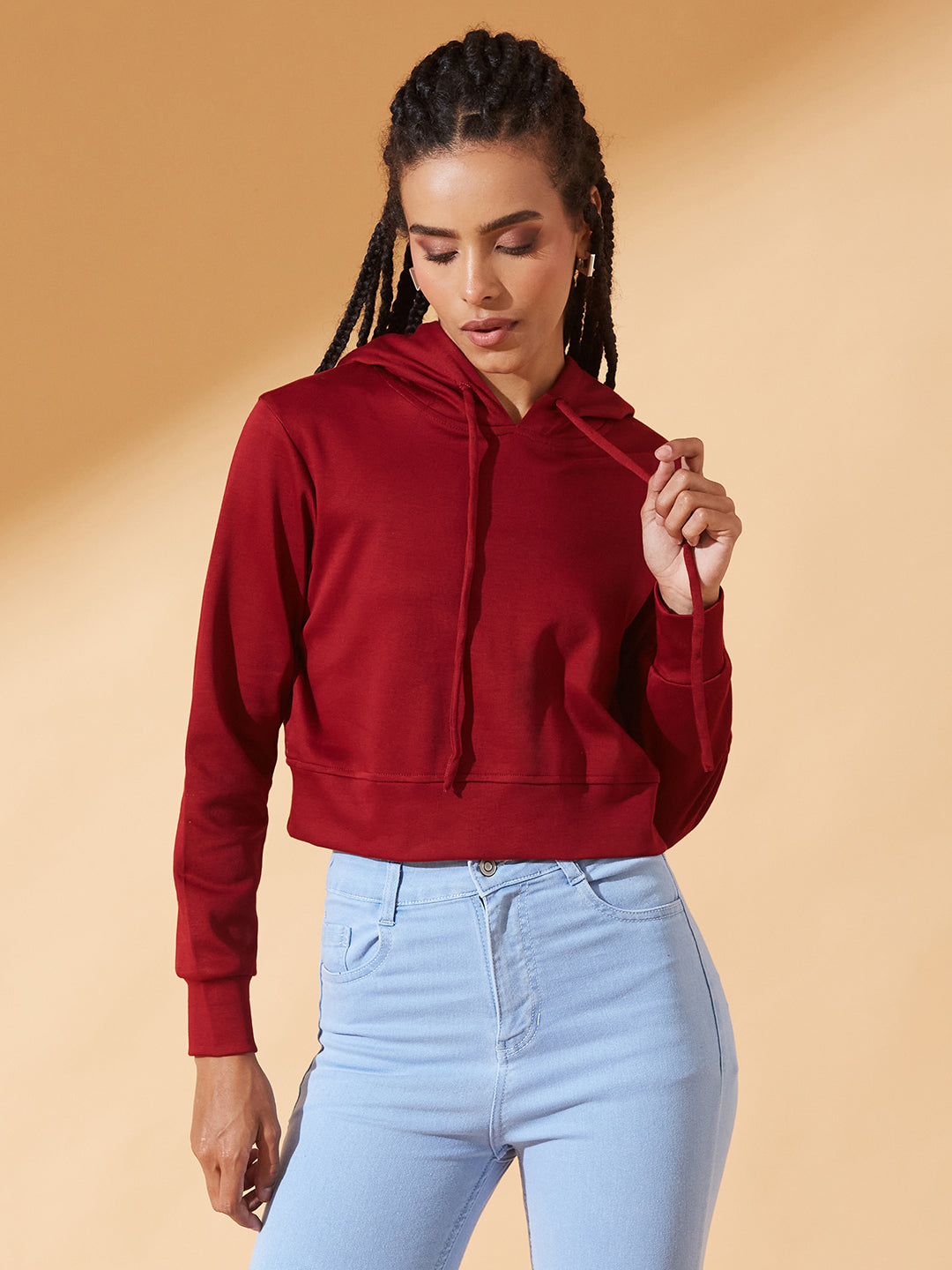 Maroon Solid Round Neck Full Sleeve Hooded Boxy Crop Sweatshirt for Women