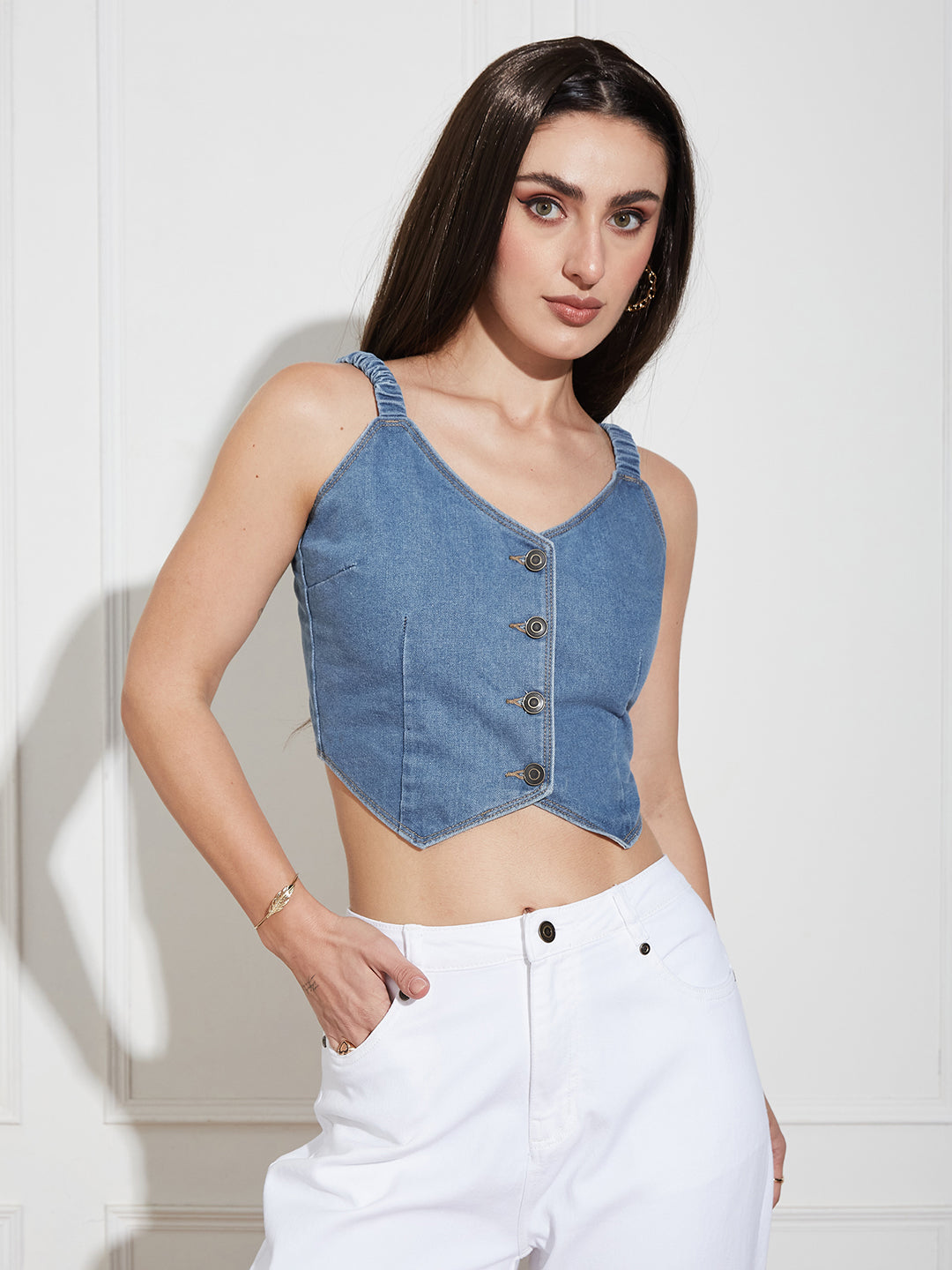 Womens Mid Blue V Neck Elasticated Straps Sleeve Solid Waistcoat-Styled Cropped Denim Top