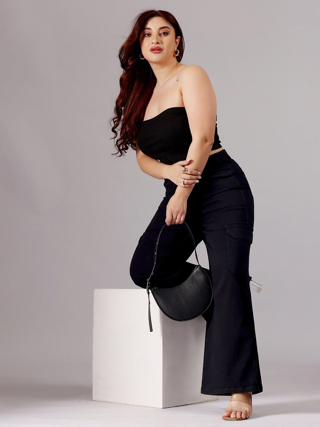 24/7 Comfort Black Wide-Leg High-Rise Clean-Look Patch Pocketed Regular Stretchable Denim Jeans