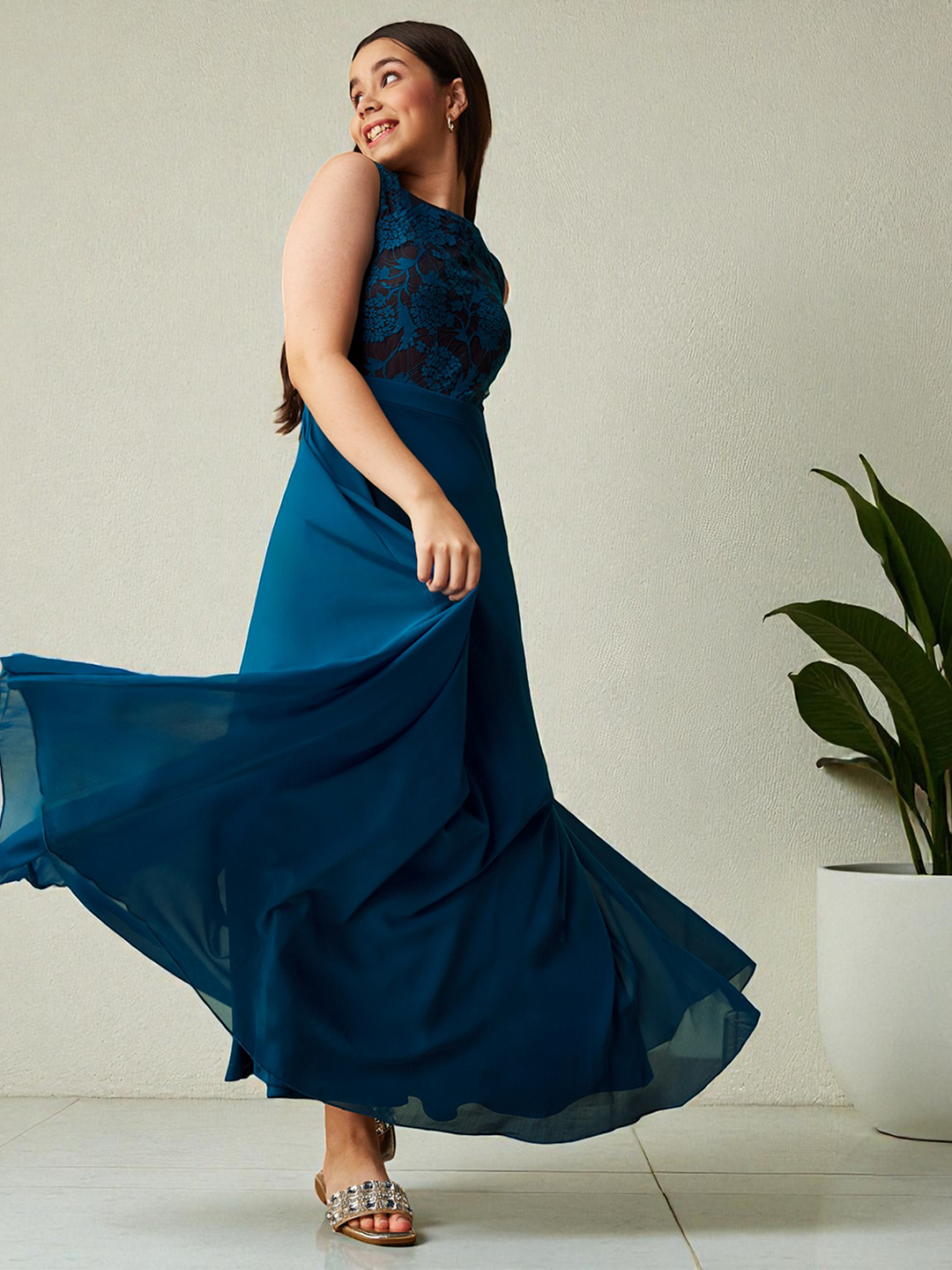 Royal Blue Round-Neck Sleeveless Floral Lace-Overlaid Fit & Flare Georgette Maxi Dress for Women