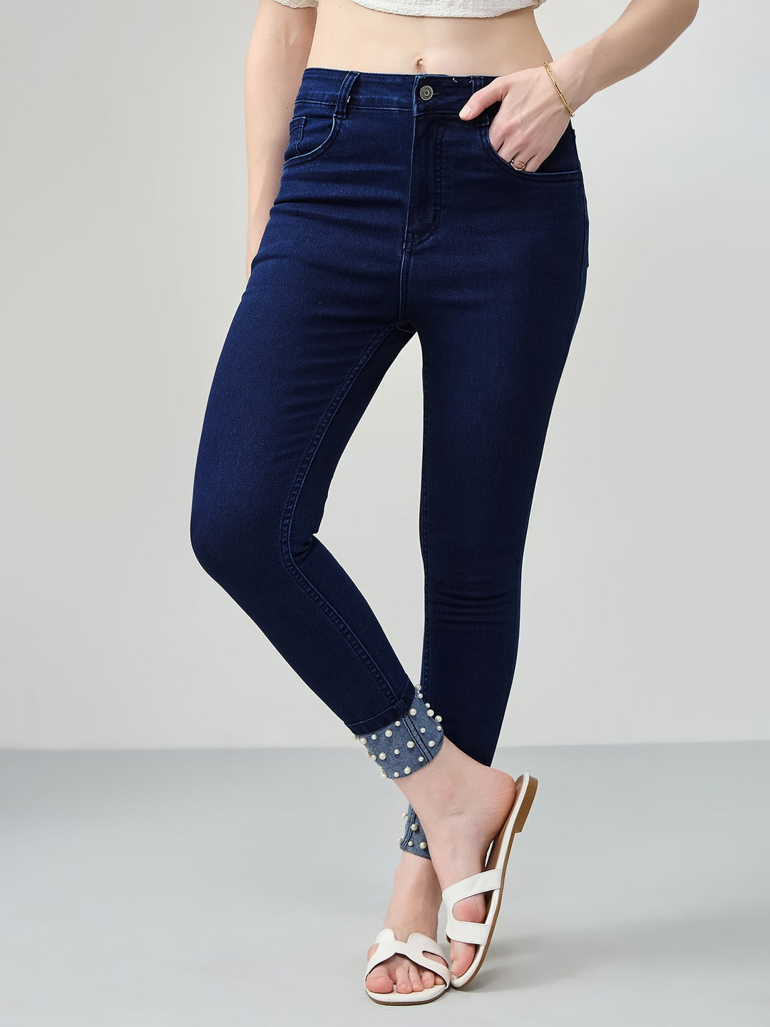 Navy Blue Skinny Fit high-rise Pearl Embellished On The Hem Denim Stretchable Jeans for Women