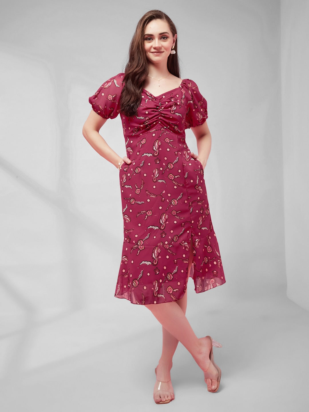 Dark Pink Sweetheart Half Sleeve Floral Fit & Flare Midi Dress for Women