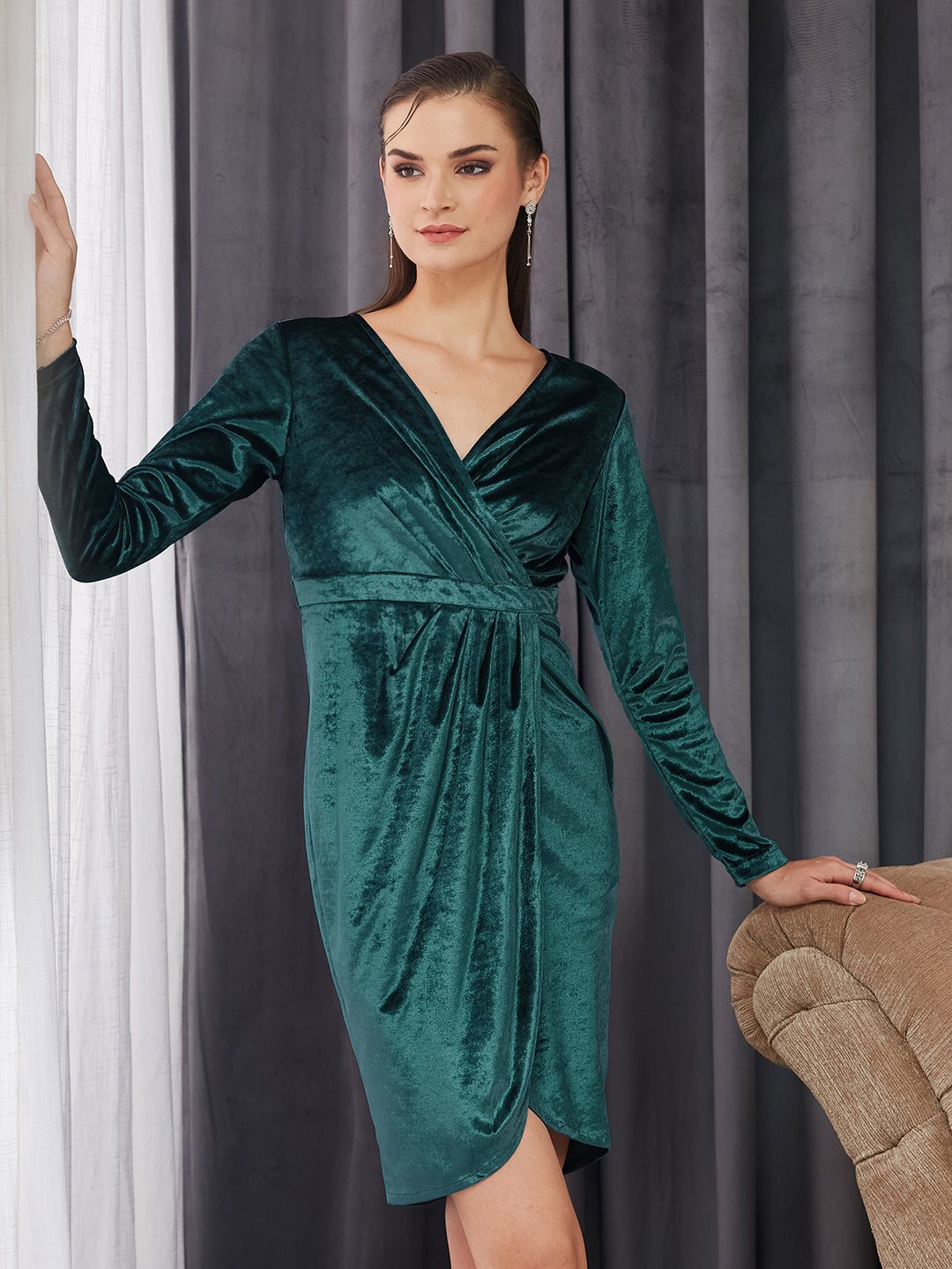 Teal Velvet Wrap Knee-Length Dress with Draped Silhouette and Full Sleeves for Women