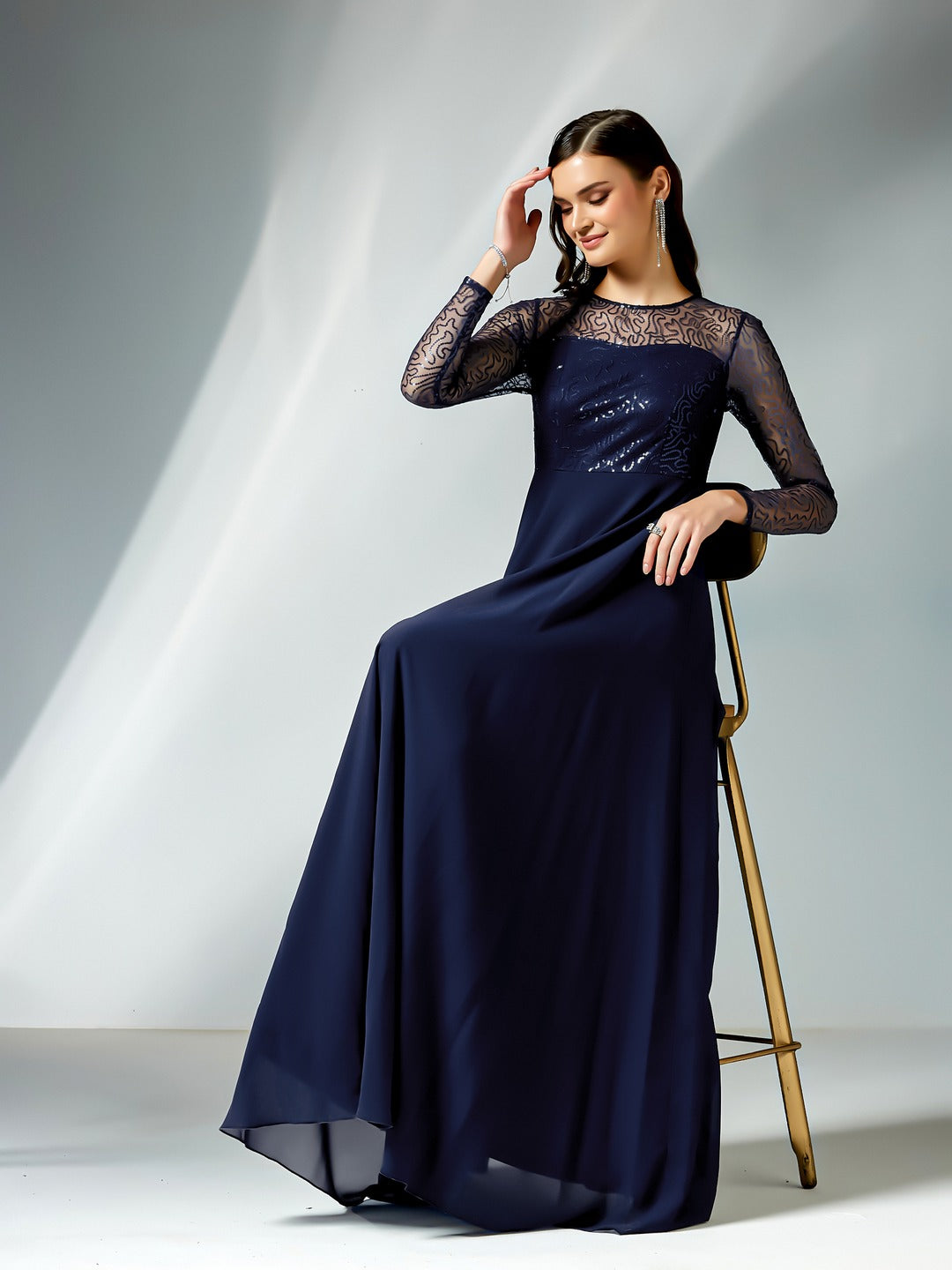 Navy-Blue Solid Embellished Maxi Dress for Women