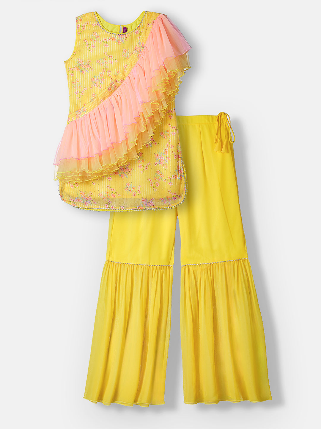 Multicolored-Base-Yellow Round Sleeveless Embellished Short-Sleeve Regular-Length Kurta Set