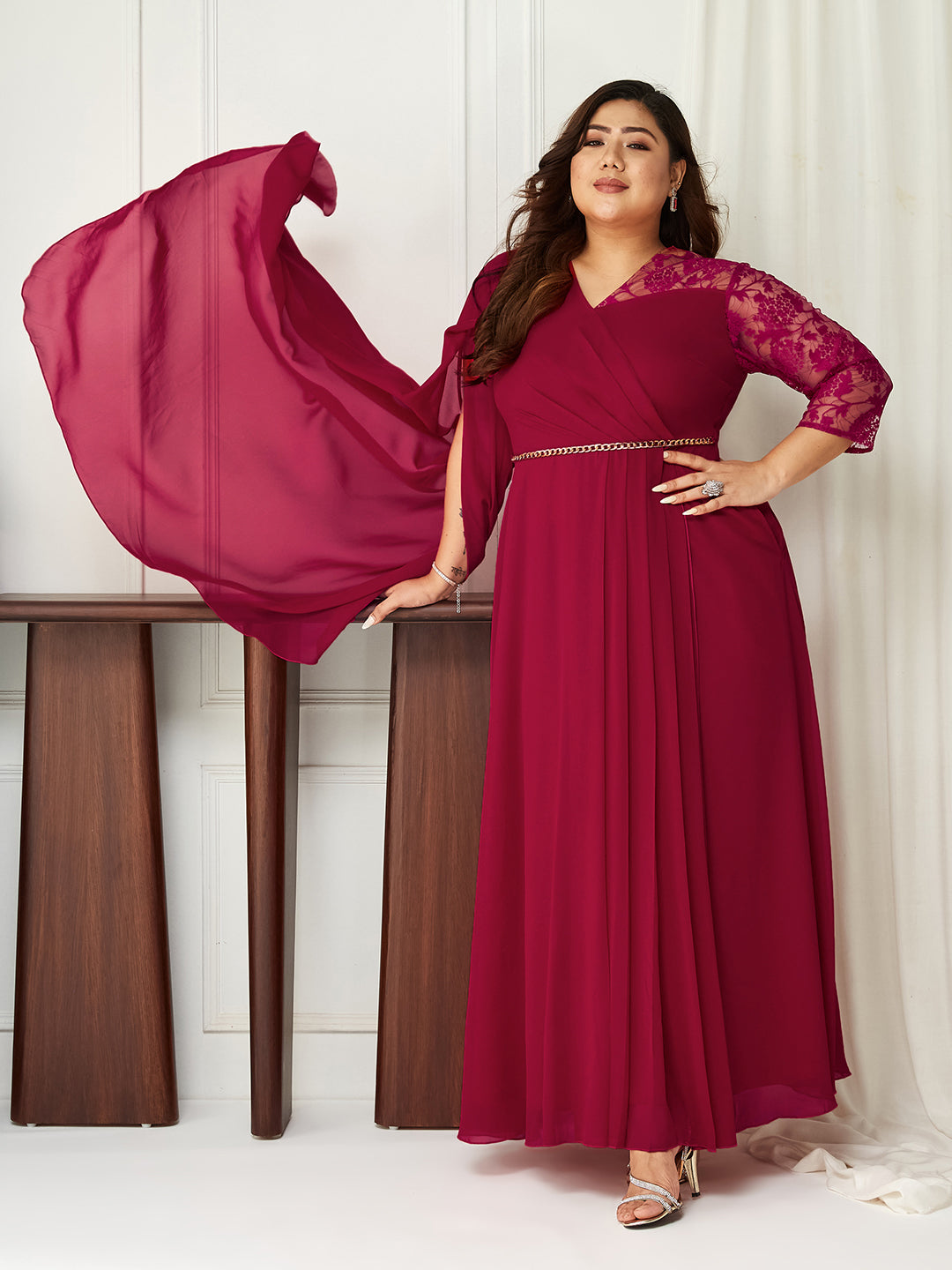 Dark Pink Assymetric Long Sleeves Lace Maxi Dress for Women