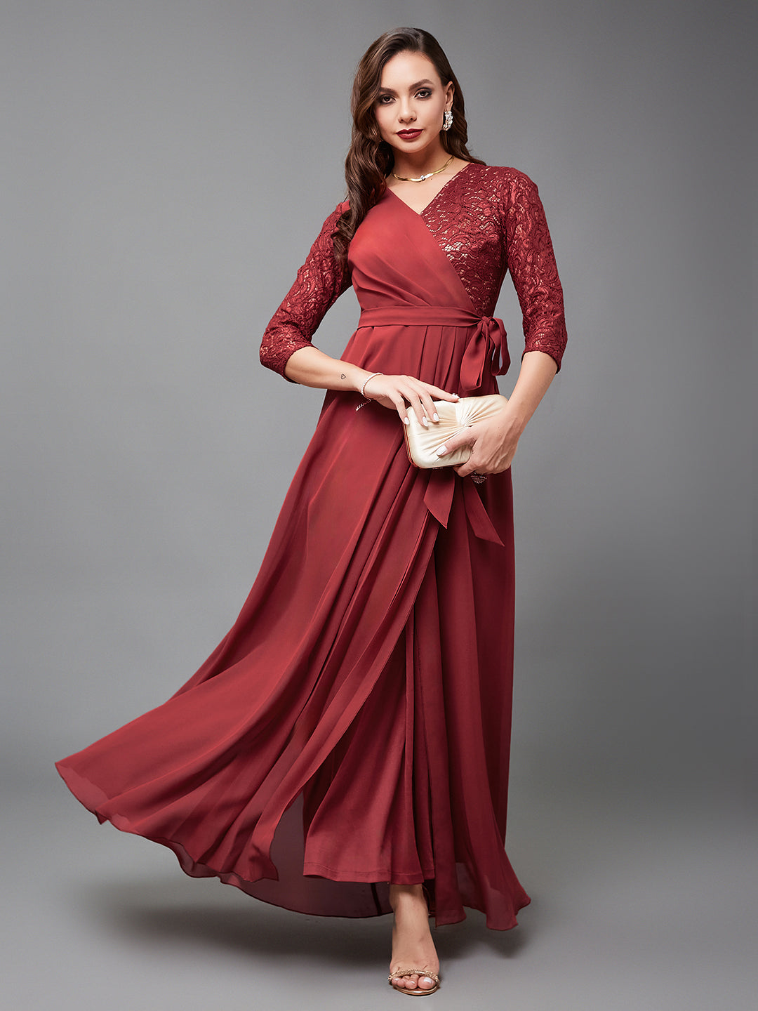 Women's Brick Red V-Neck 3/4 Sleeve Self-Designed Wrap Styled Georgette Maxi Dress