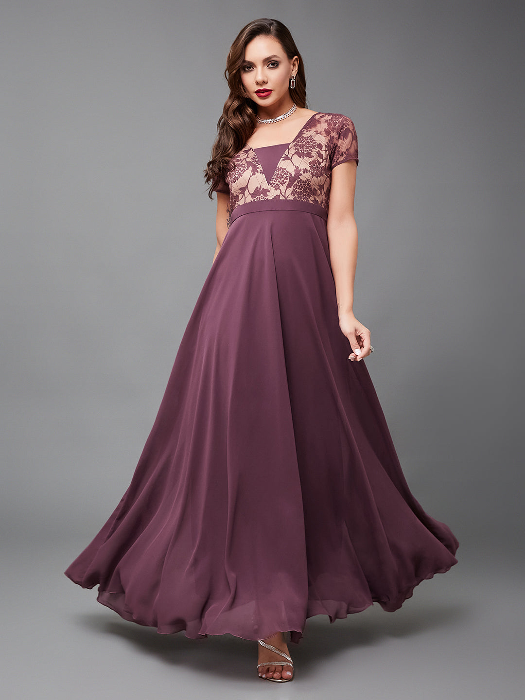 Women's Mauve Square-Neck Raglan-Sleeve Self-Designed Flared Georgette Maxi Dress