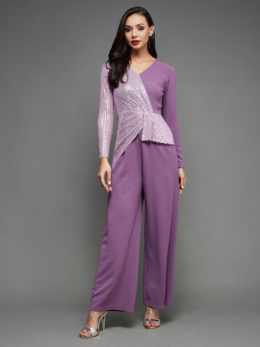 Crease Ease Women's Lavender V-Neck Full Sleeve Embellished Asymmetric Party Jumpsuit
