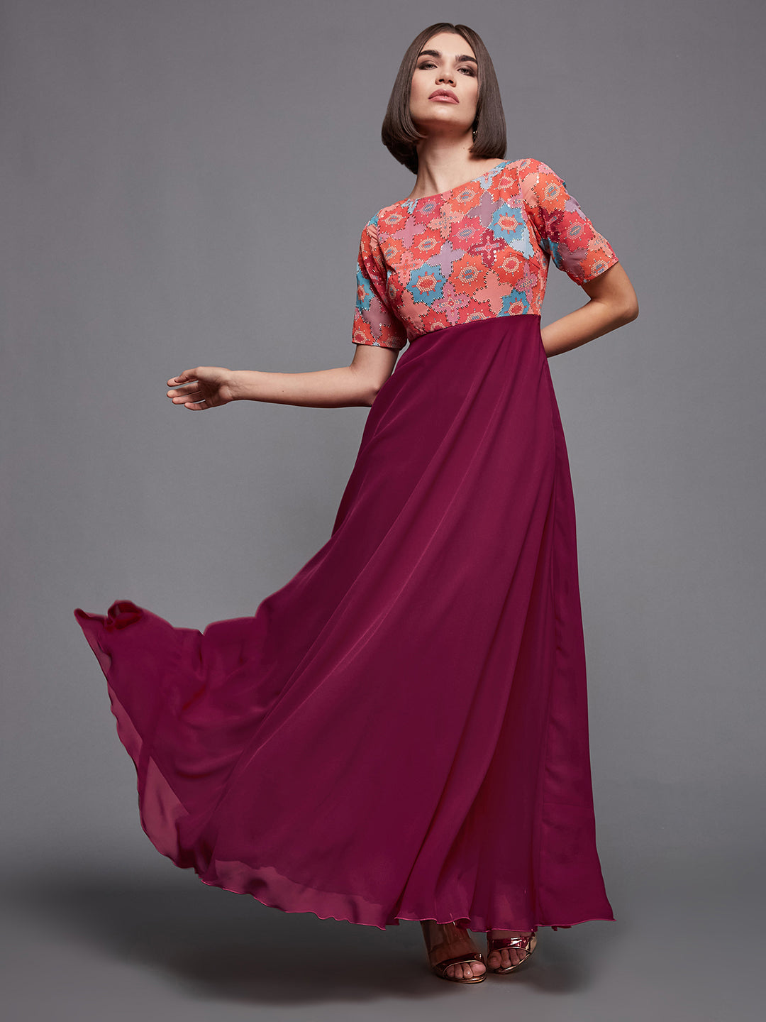 Women's Multicolored-Base-Dark Pink Boat Neck Half Sleeve Geometric Fit & Flare Georgette Maxi Dress
