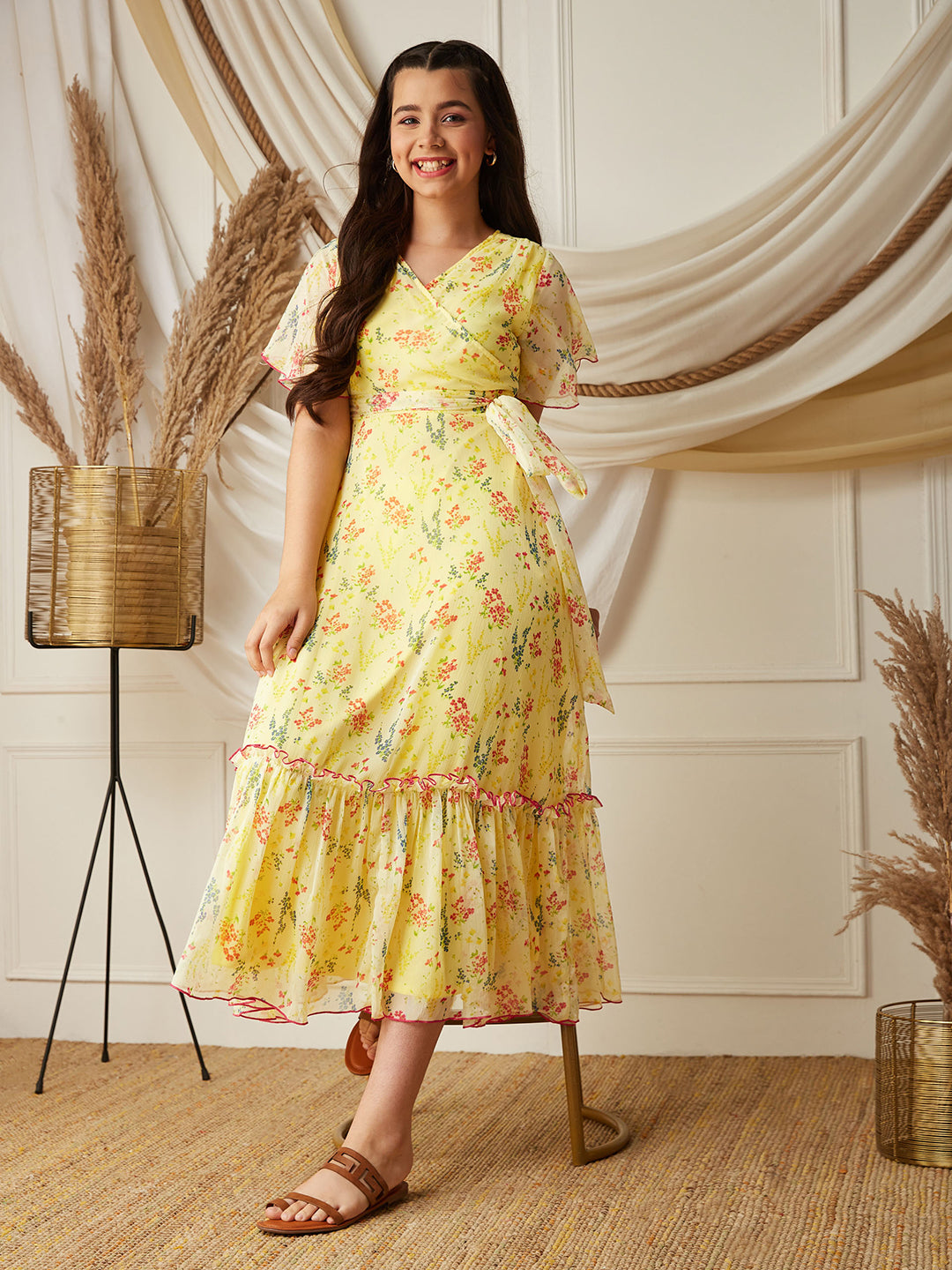 Multicolored-Base-Yellow V Neck Flared Sleeve Floral Wrap Maxi Dress