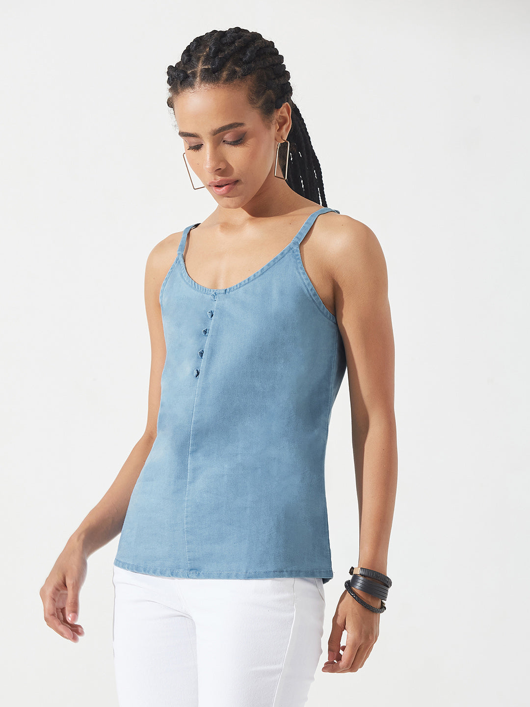Light-Blue V Neck Sleeveless Cotton Solid Denim Spaghetti Top for Women