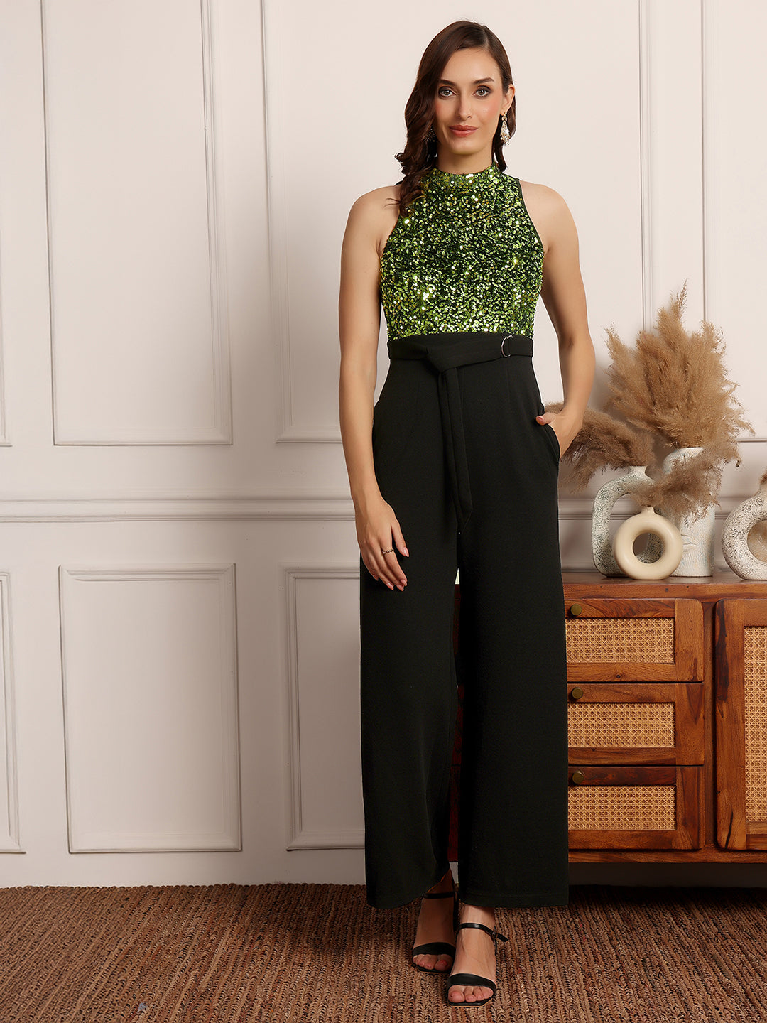 Women's Black And Green Halter Neck Sleeveless Embellished Regular-Length Jumpsuit