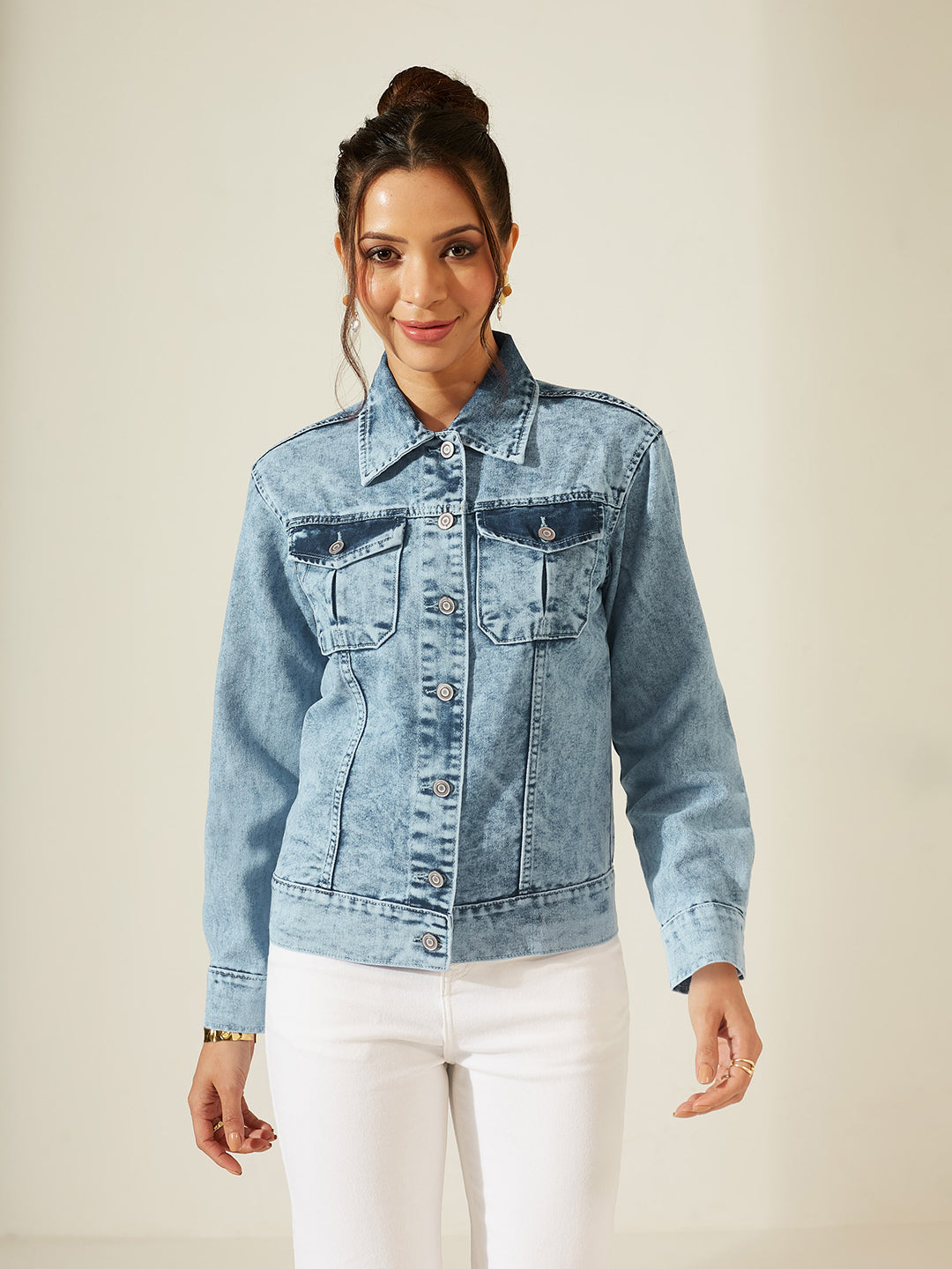 Light Blue Hand Painted Galaxy Art Full Sleeves Denim Jacket for Women