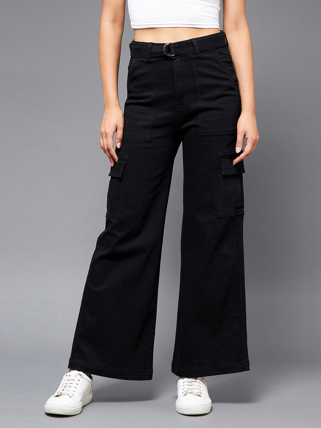 Black Wide-Leg High-Rise Stretchable Denim Jeans for Women