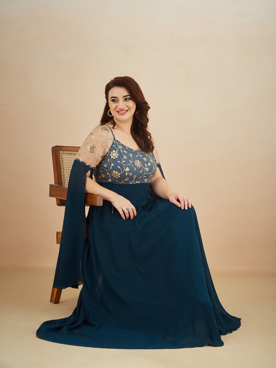 Women's Teal V-Neck Full Sleeve Embroidered Fit & Flare Georgette Maxi Dress