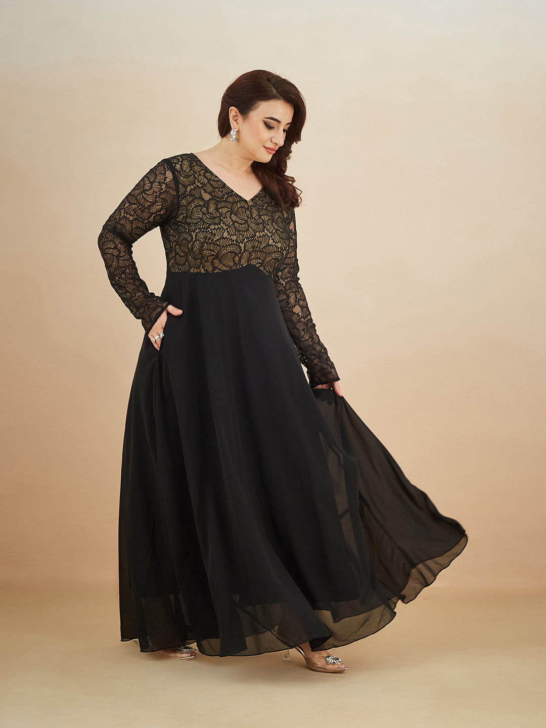 Black V-Neck Full Sleeve Self Design Lace-Overlaid Georgette Maxi Dress for Women