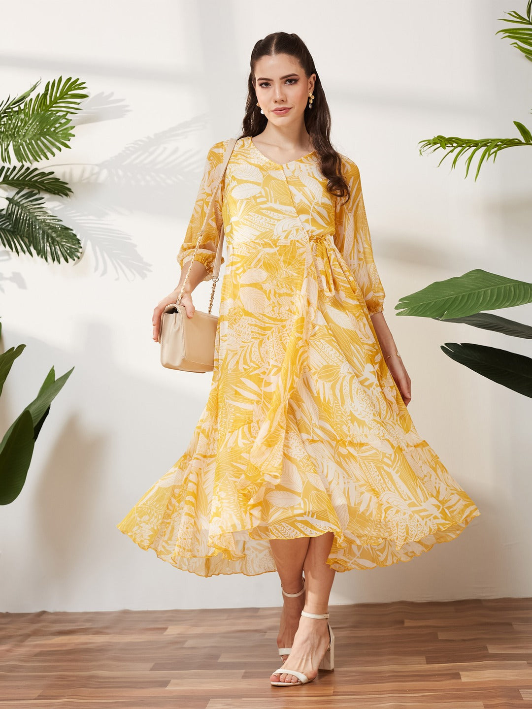 Yellow & White V neck Full sleeve Floral Layered Maxi Dress for Women