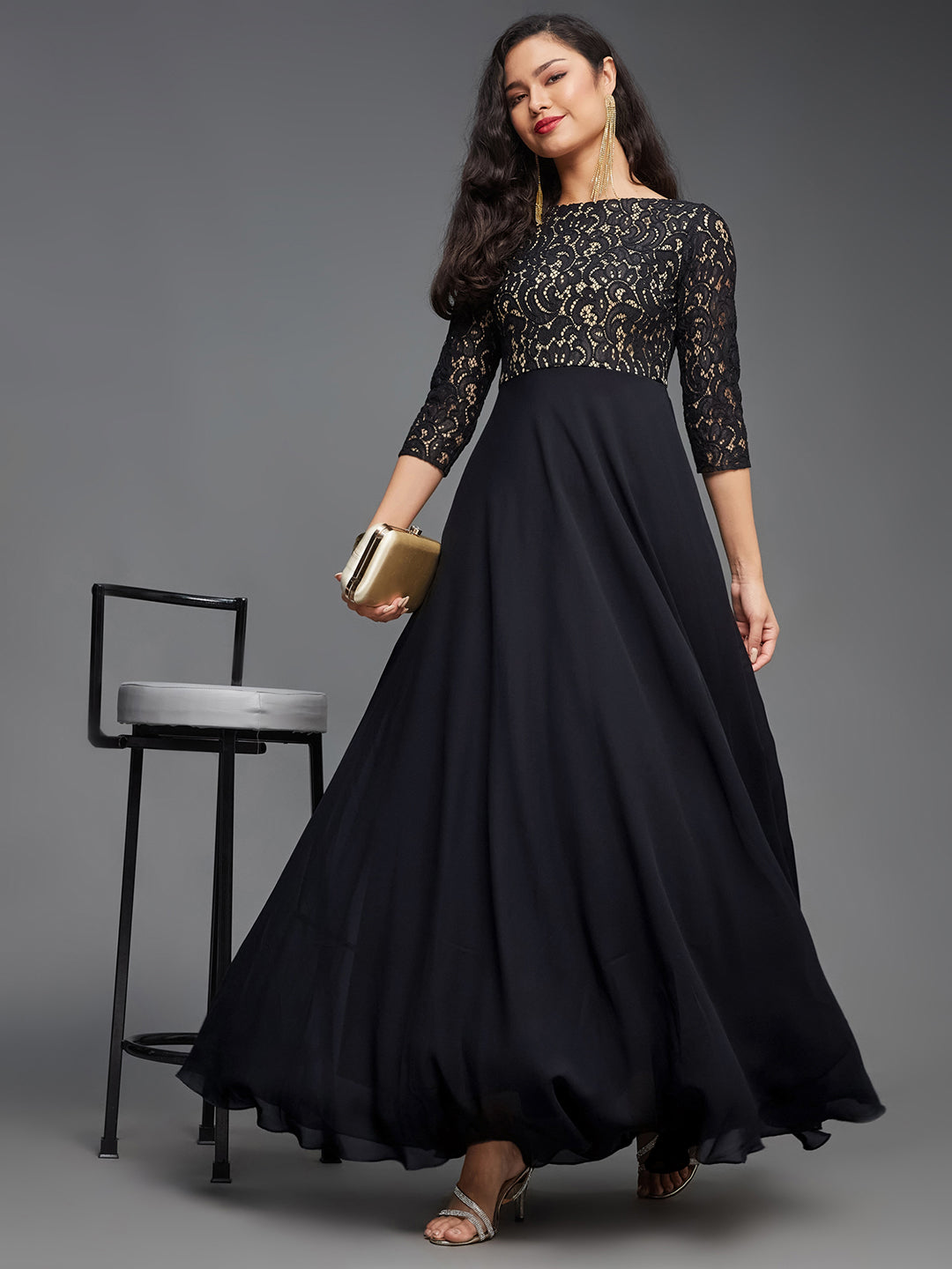 Women's Black Boat Neck Three-Quarter Sleeve Self-Designed Fit and Flare Georgette Maxi Dress