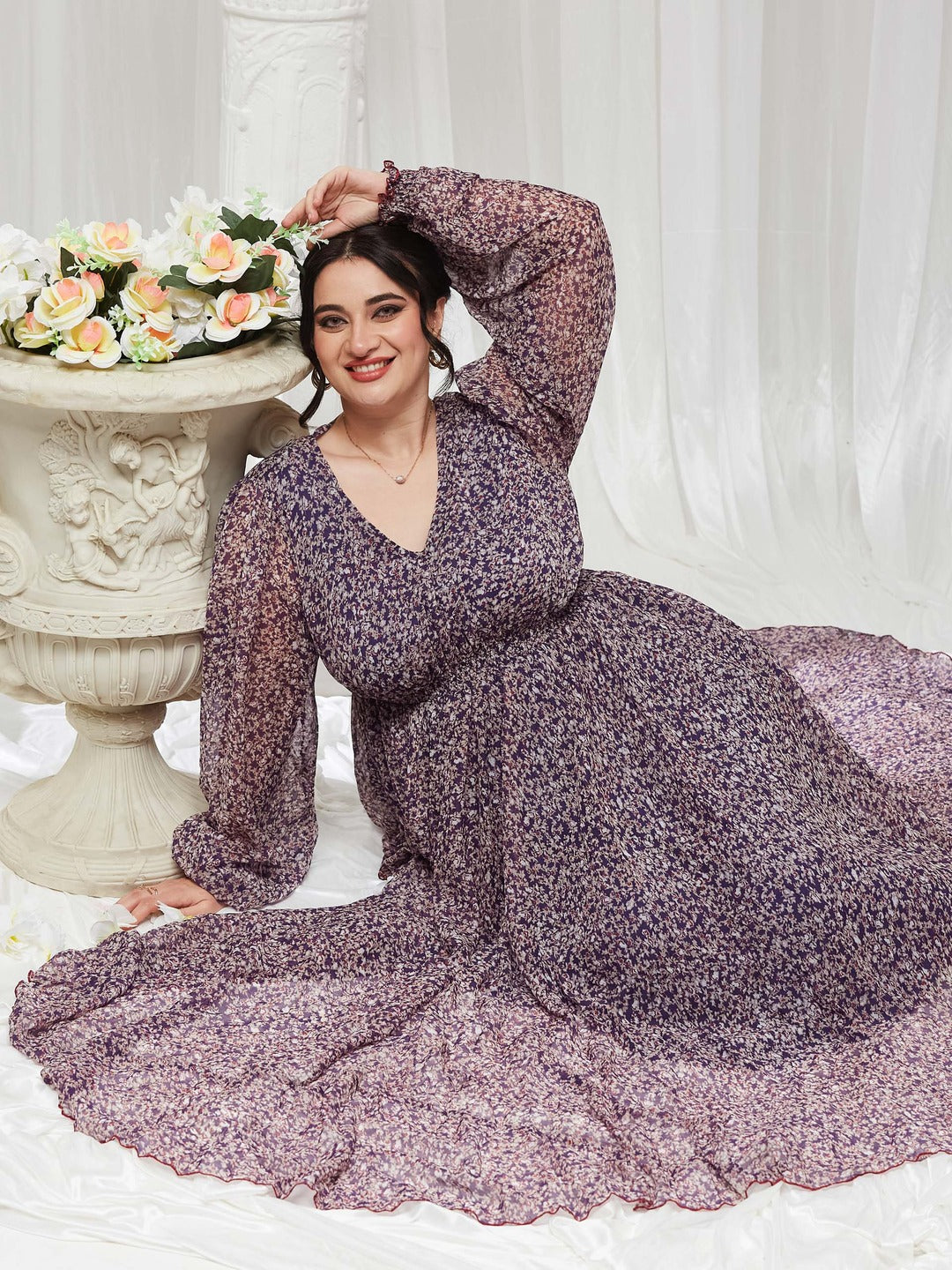 Purple V-Neck Bishop Sleeve Floral Gathered Chiffon Maxi Dress for Women