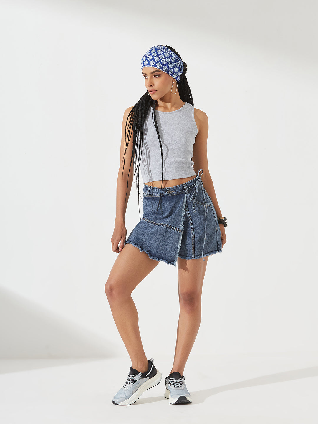 Navy-Blue High-Rise Mild Distress Denim Skorts for Women