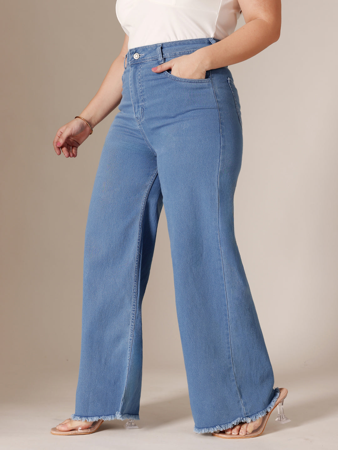 Blue Wide-Leg High-Rise Clean-Look Regular-Length Stretchable Denim Jeans for Women