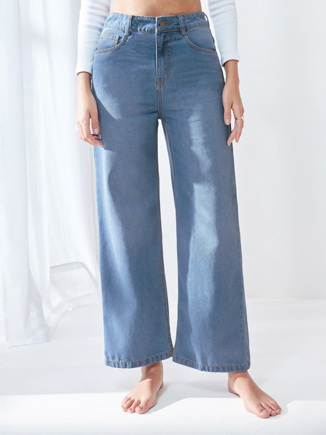 Light Blue Wide-Leg High-Rise Non-stretchable Denim Jeans for Women