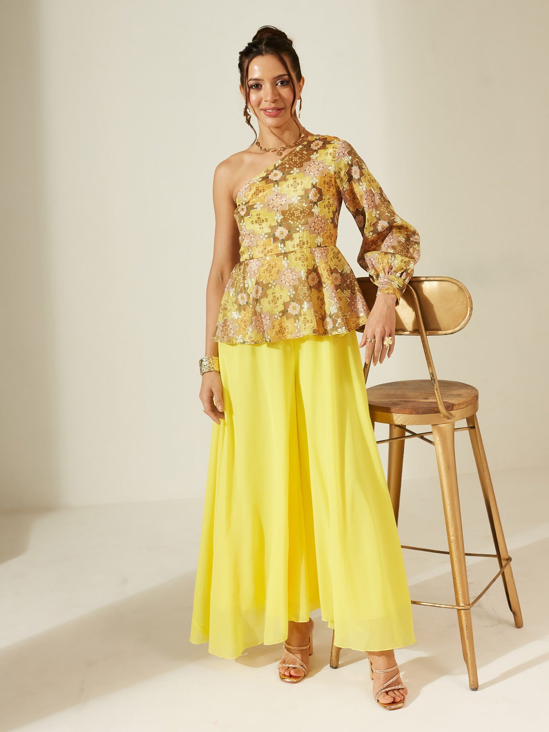 Yellow Geometric One Shoulder Neck Bishop Sleeves Georgette Layered Regular-Length Jumpsuit for Women