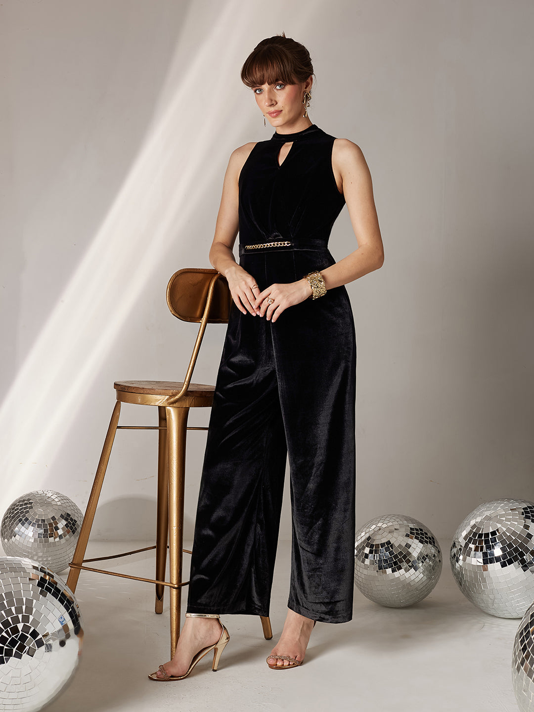 Women's Black Choker Neck Sleeveless Solid Pleated Regular Jumpsuit