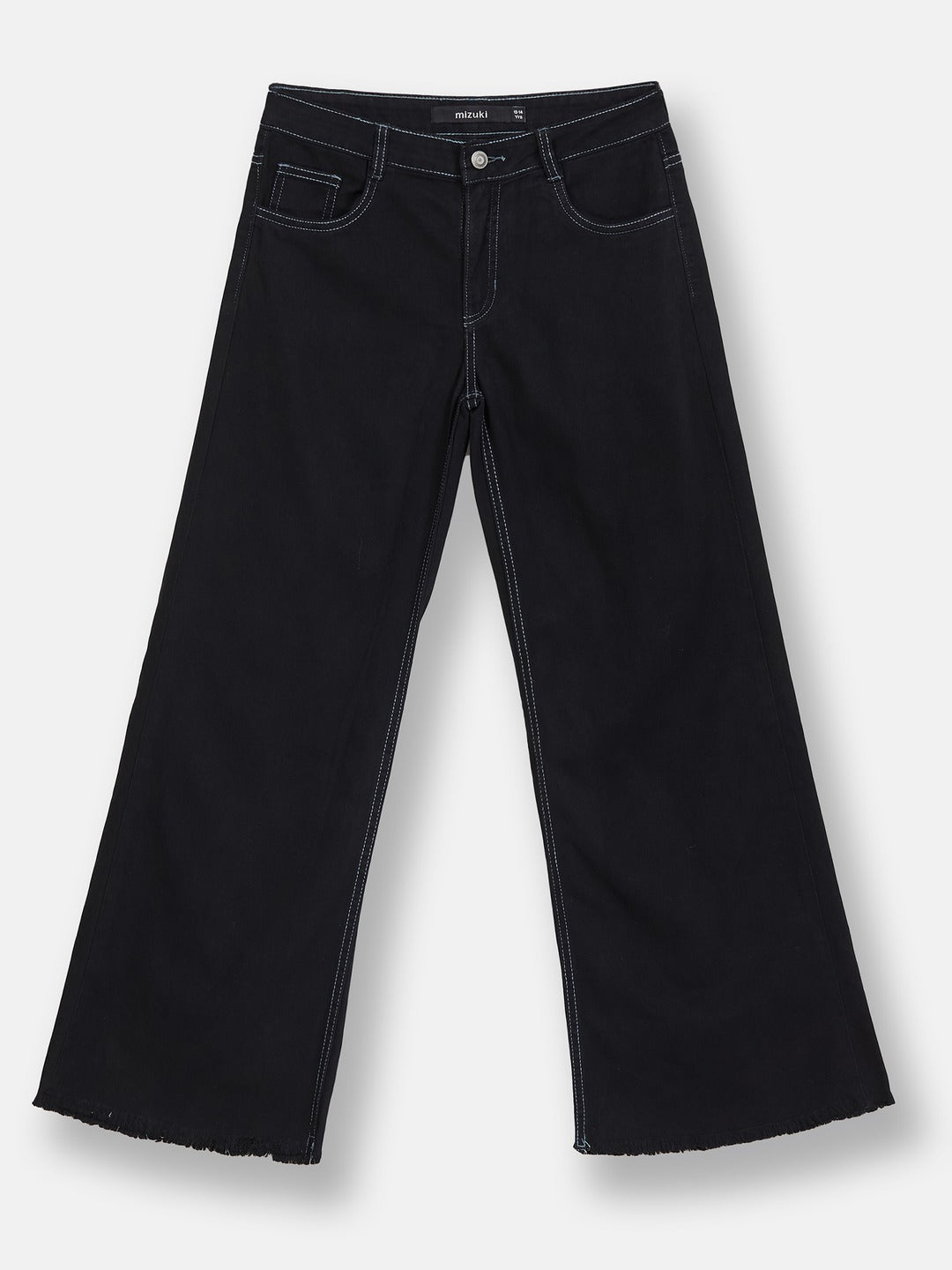 Black Wide-Leg High-Rise Clean-Look Regular-Length Stretchable Denim Jeans for Girls/Teenagers