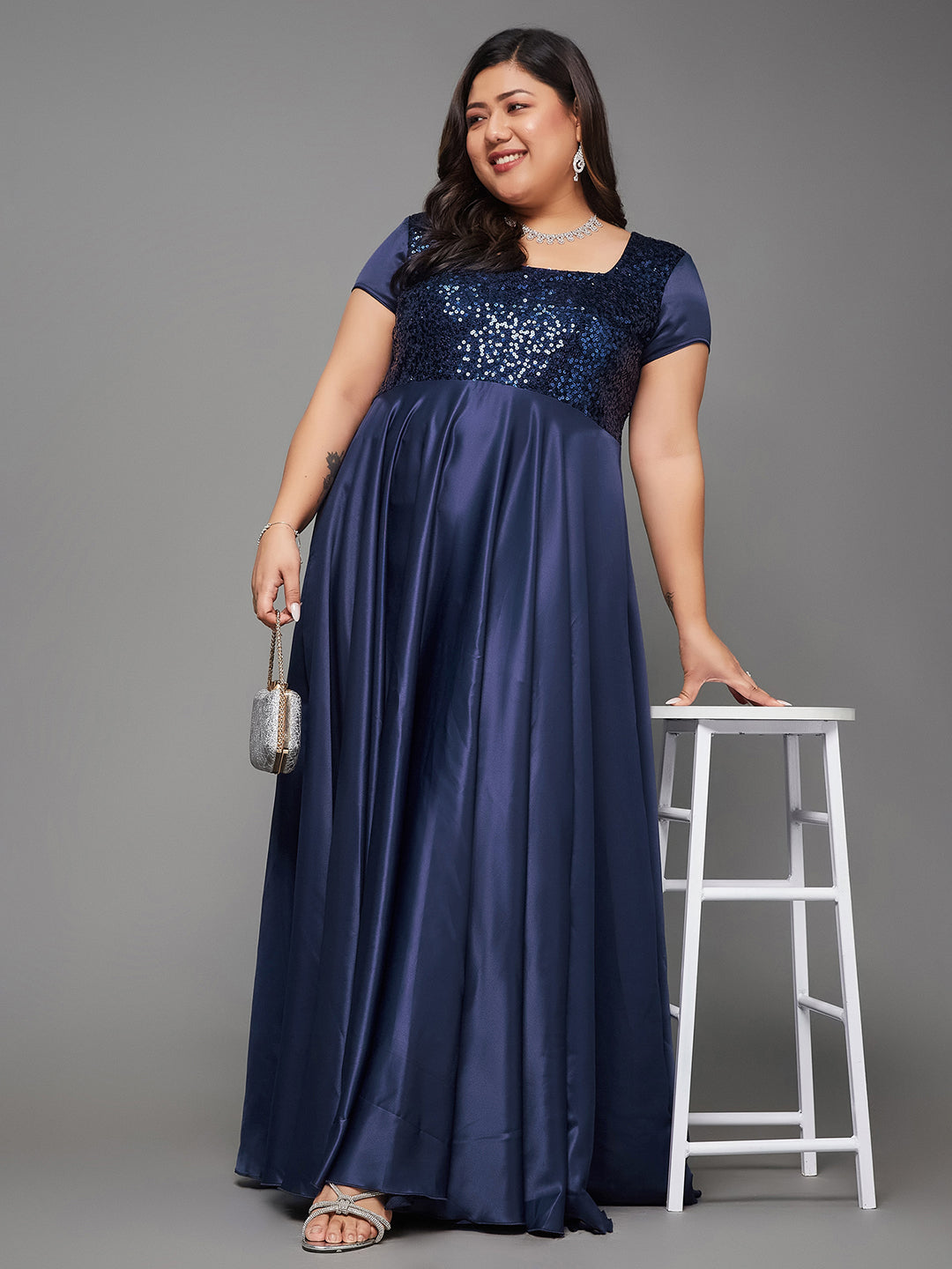 Body Bliss Navy Blue Embellished Fit & Flare Maxi Dress