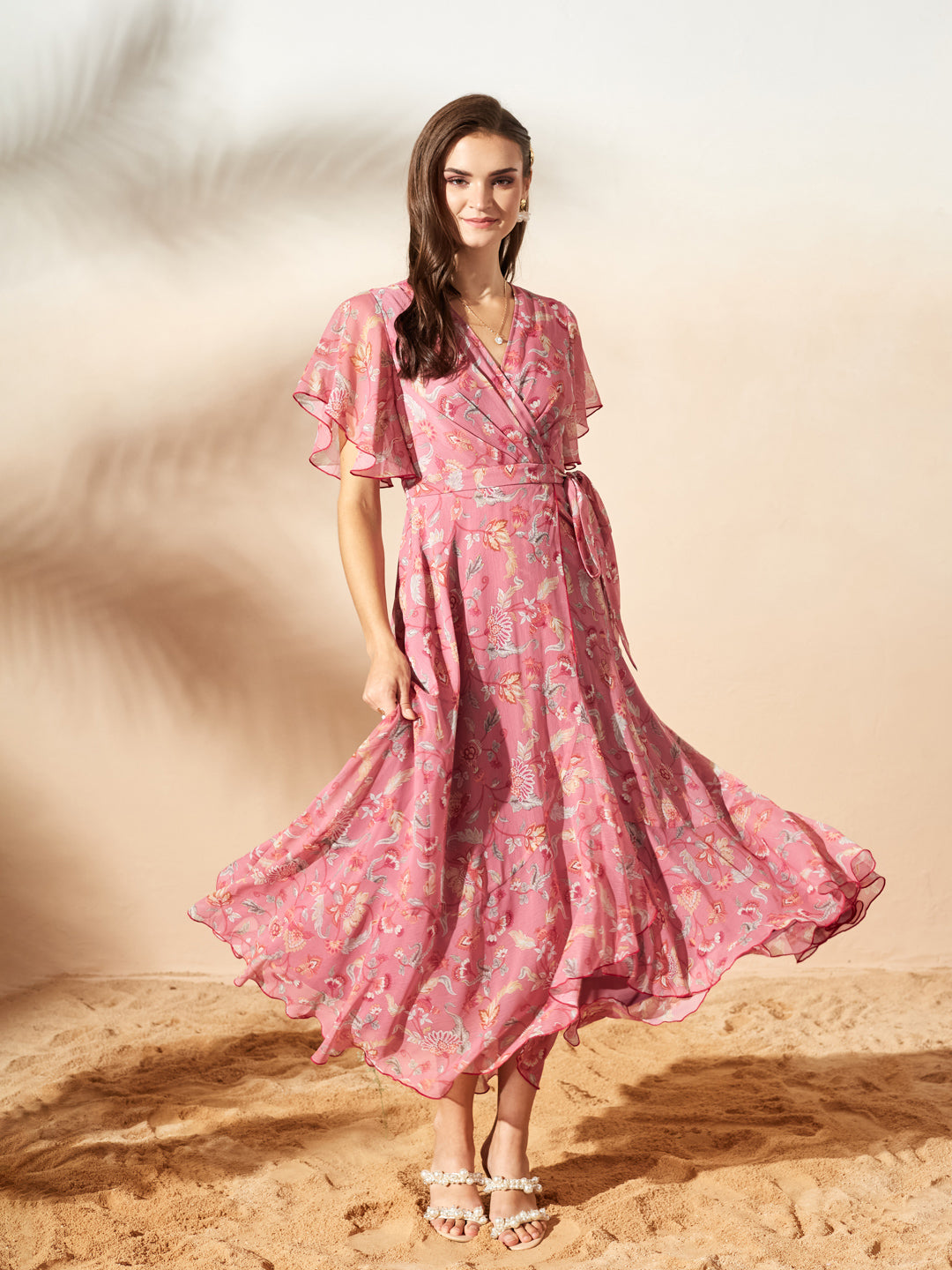 Pink V-Neck Flared Floral Overlap/Tie-Up Maxi Chiffon Dress for Women