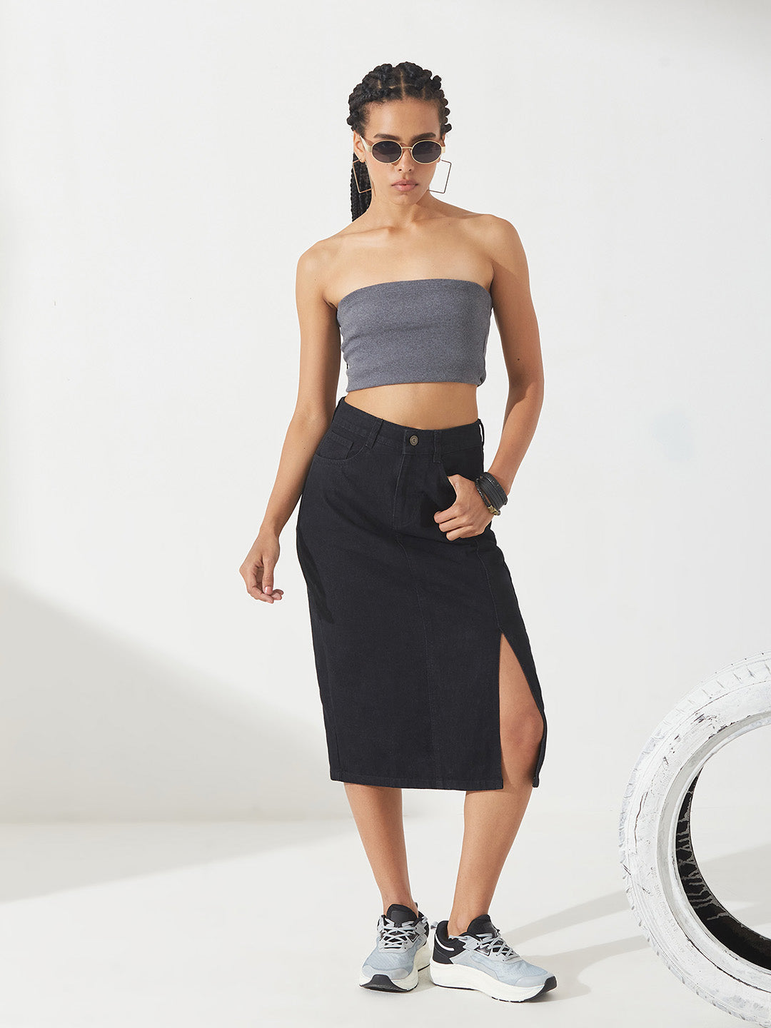 Black Straight-Fit High-Rise Stretchable Denim Midi Skirt for Women