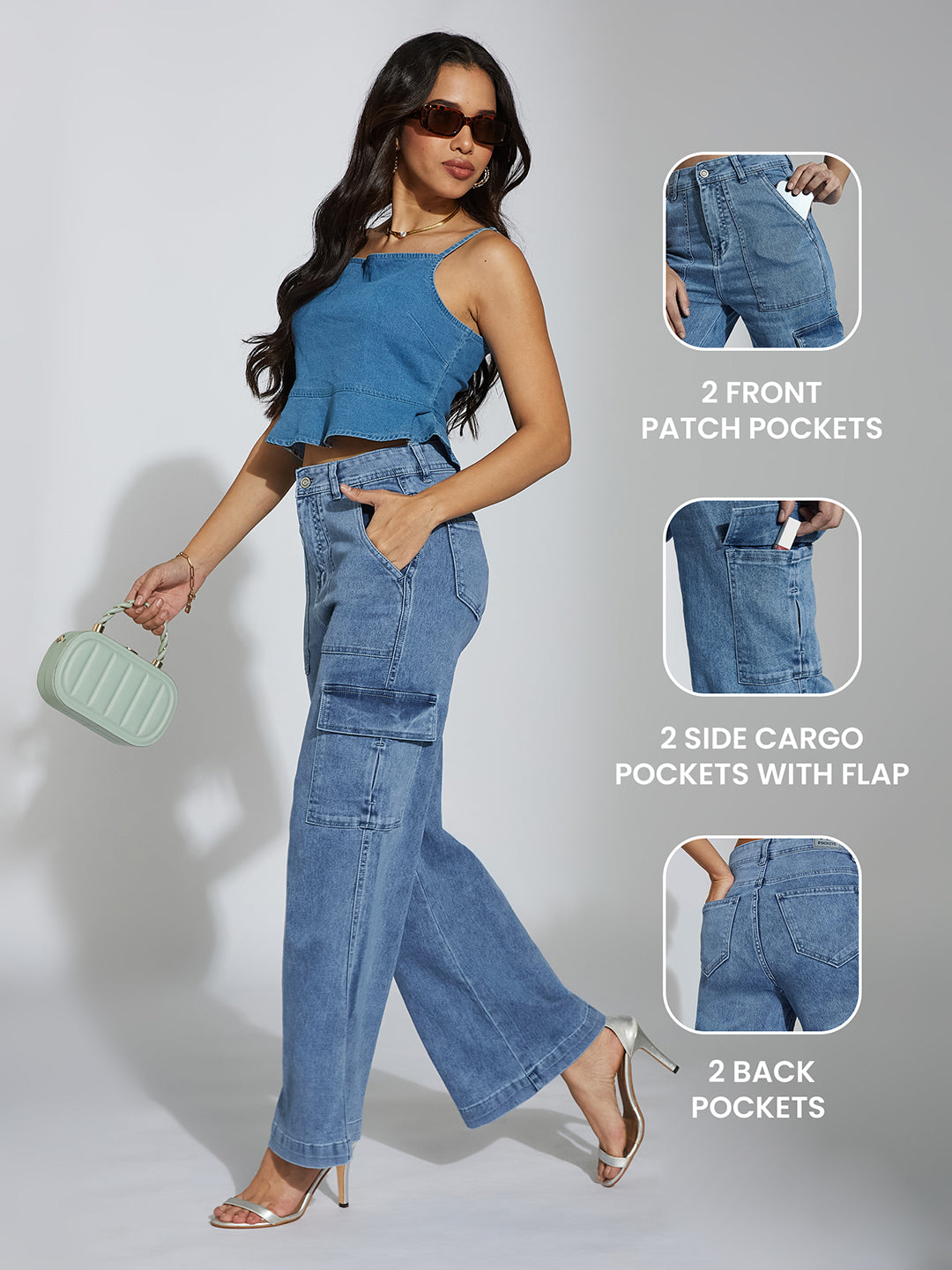 Women's Mid Blue Wide-Leg High-Rise Clean-Look Stretchable Denim Jeans