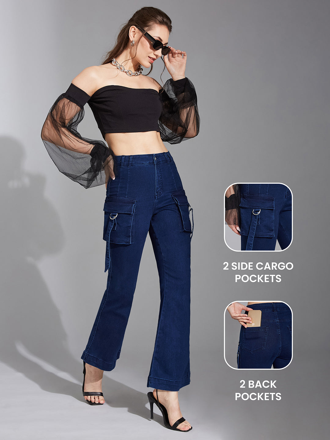 24/7 Comfort Navy-Blue Patch Pockets Bell-Bottom Bootcut High-Rise Stretchable Denim Jeans